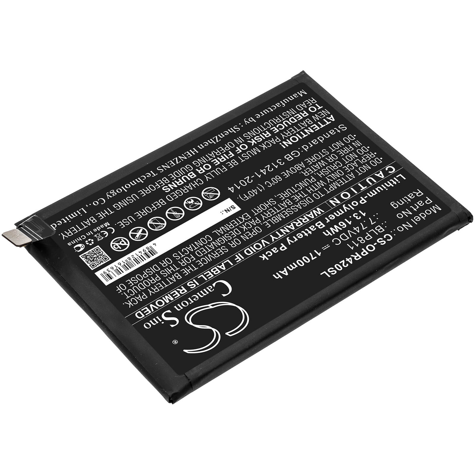 7.74V, 1700mAh, Li-Polymer Battery fits Oppo, Reno4 Se, Reno5, 13.158Wh