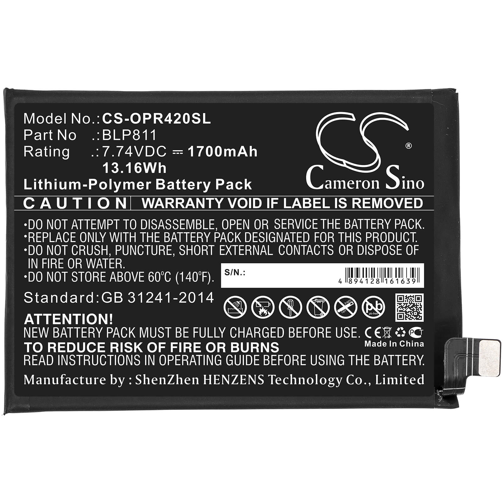 7.74V, 1700mAh, Li-Polymer Battery fits Oppo, Reno4 Se, Reno5, 13.158Wh