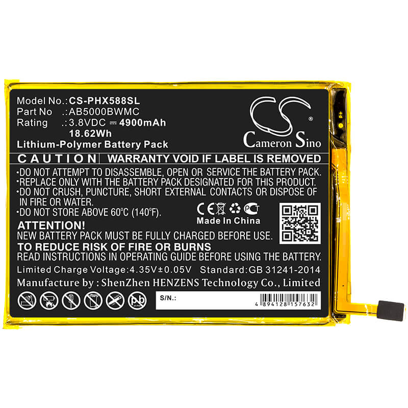 3.8V, 4900mAh, Li-Polymer Battery fits Philips, Xenium Cts386, Xenium Ctx588, 18.62Wh
