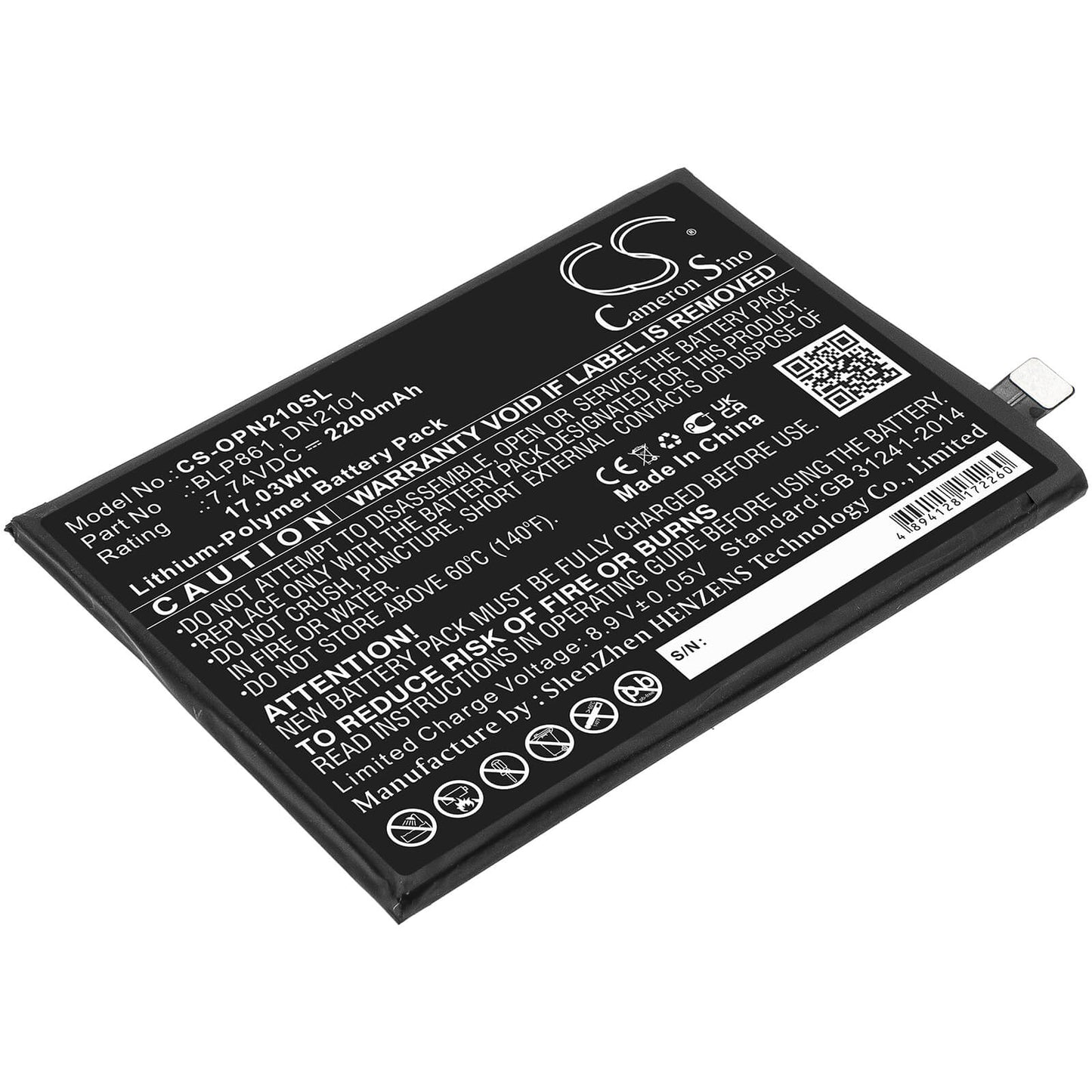 7.74V, 2200mAh, Li-Polymer Battery fits Oneplus, Eb2101, Eb2103, 17.028Wh
