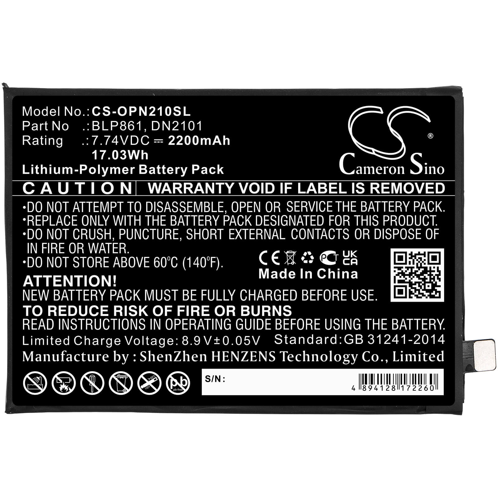 7.74V, 2200mAh, Li-Polymer Battery fits Oneplus, Eb2101, Eb2103, 17.028Wh