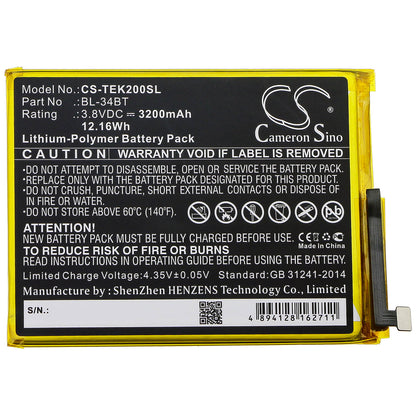 3.8V, 3200mAh, Li-Polymer Battery fits Tecno, Ka7, Ka7o, 12.16Wh