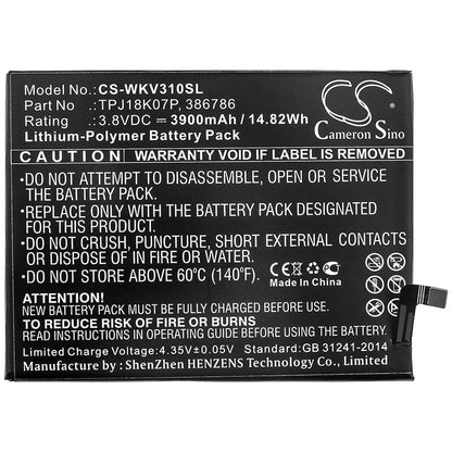 3.8V, 3900mAh, Li-Polymer Battery fits Wiko, View3 Pro, 14.82Wh
