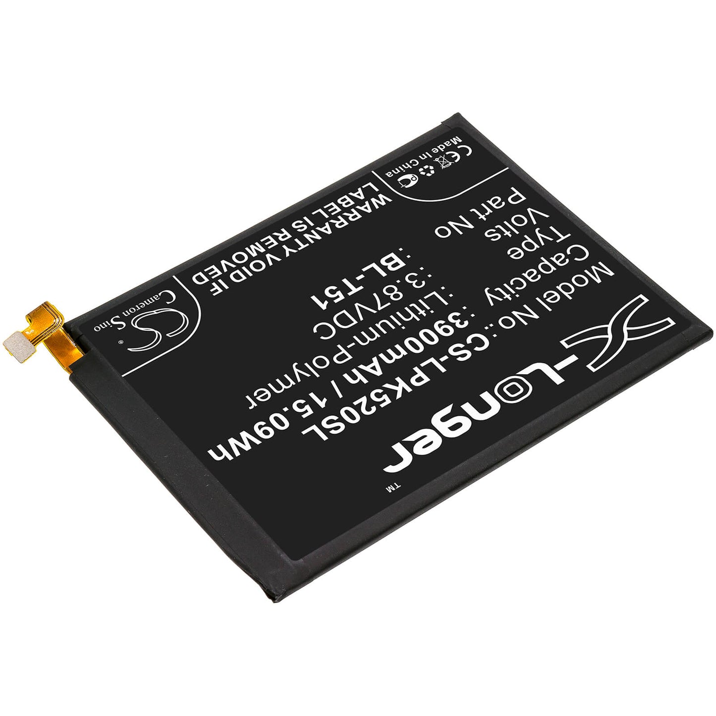 3.87V, 3900mAh, Li-Polymer Battery fits Lg, K420, K420bmw, 15.093Wh