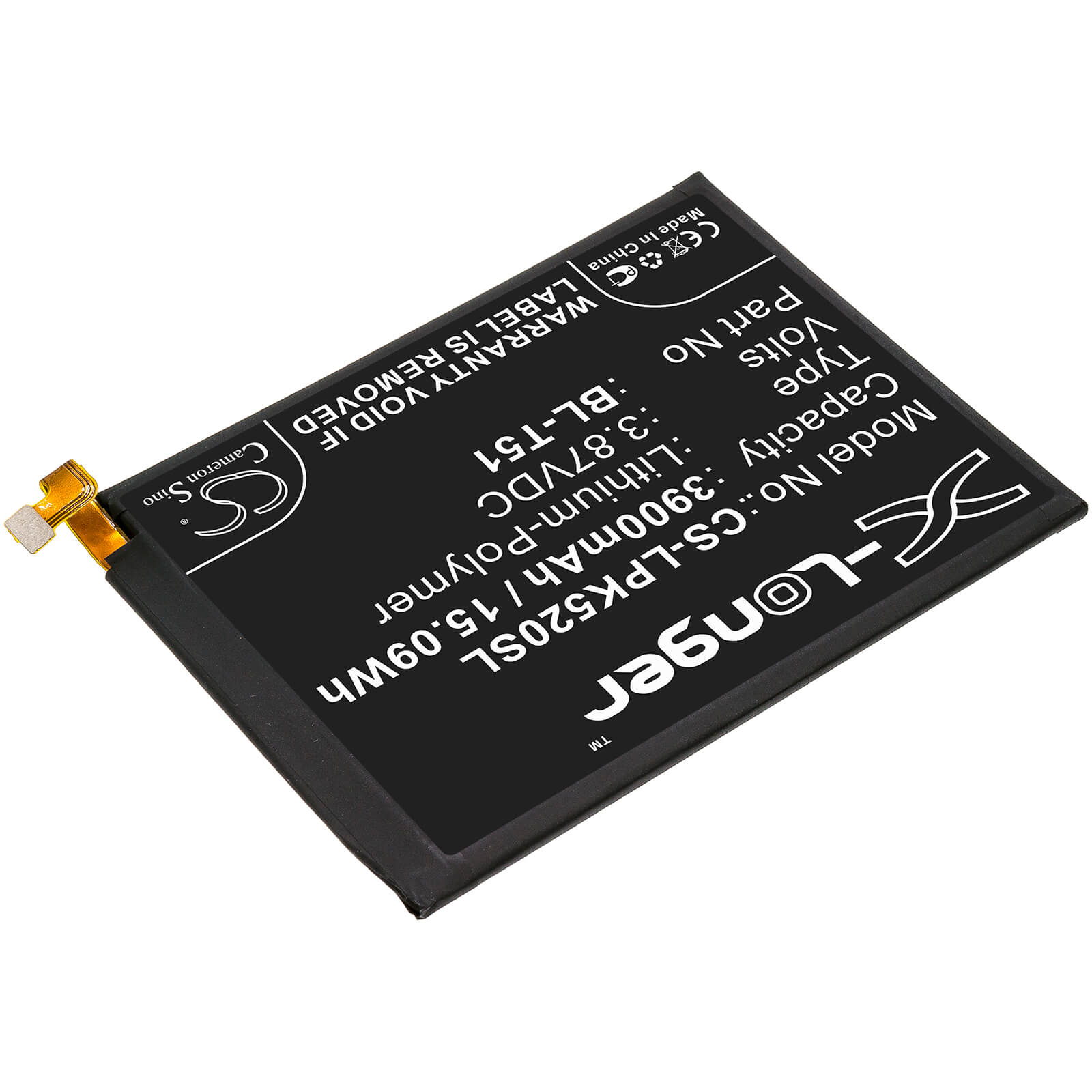 3.87V, 3900mAh, Li-Polymer Battery fits Lg, K420, K420bmw, 15.093Wh