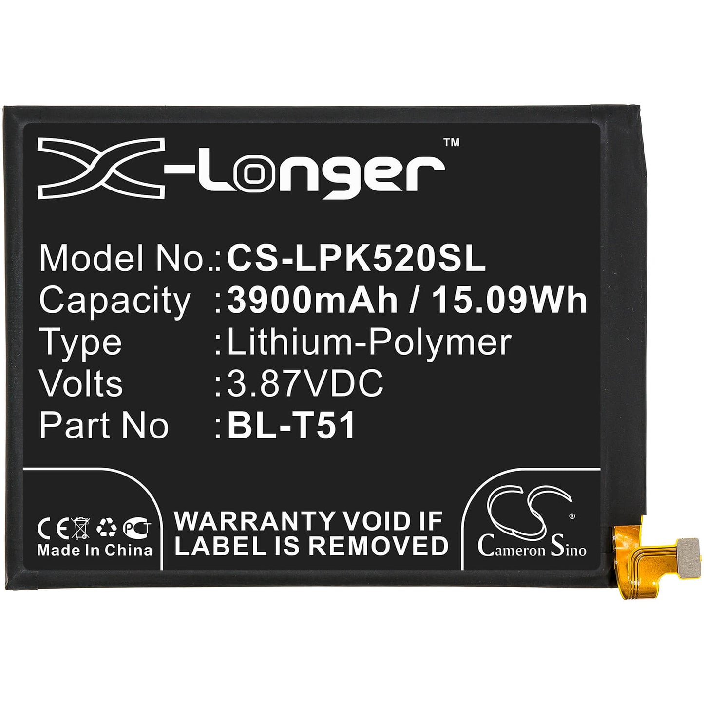 3.87V, 3900mAh, Li-Polymer Battery fits Lg, K420, K420bmw, 15.093Wh