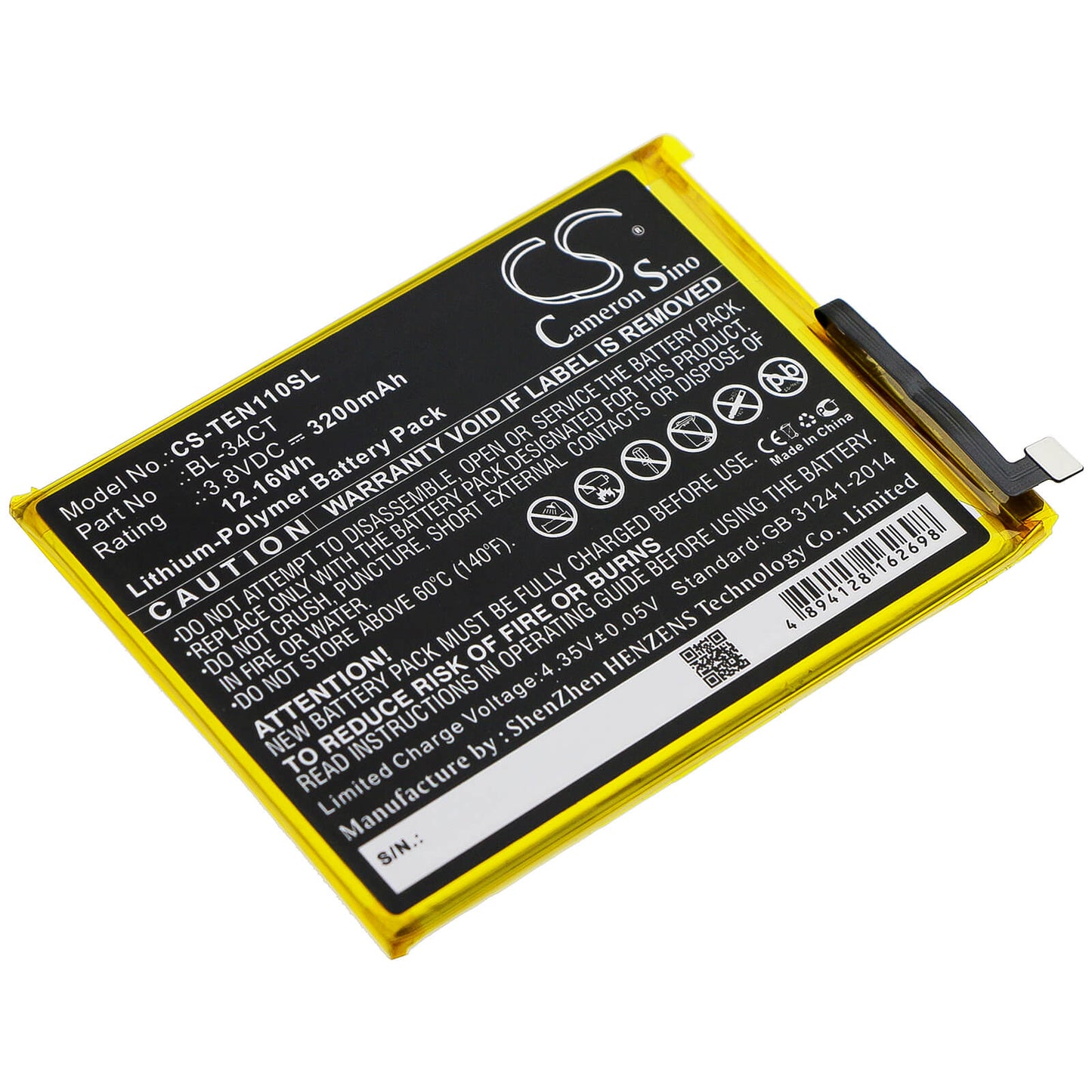 3.8V, 3200mAh, Li-Polymer Battery fits Tecno, Camon 11s, Camon I4, 12.16Wh