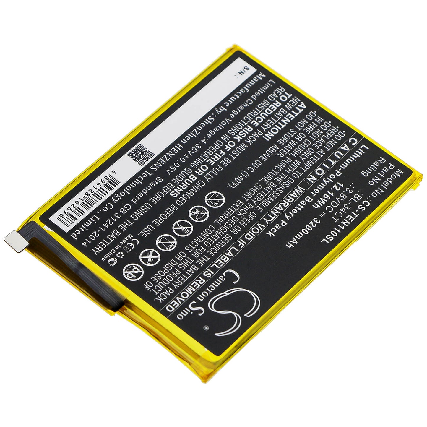 3.8V, 3200mAh, Li-Polymer Battery fits Tecno, Camon 11s, Camon I4, 12.16Wh