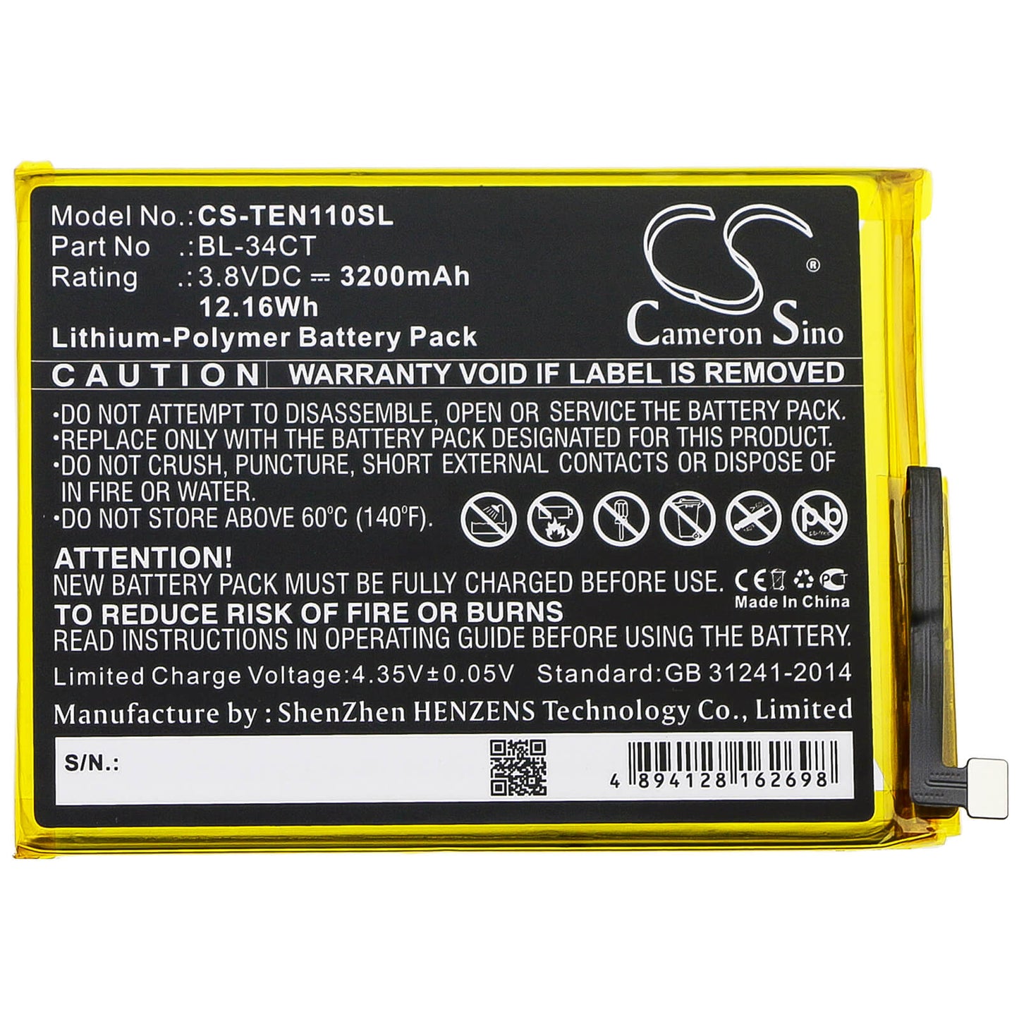 3.8V, 3200mAh, Li-Polymer Battery fits Tecno, Camon 11s, Camon I4, 12.16Wh