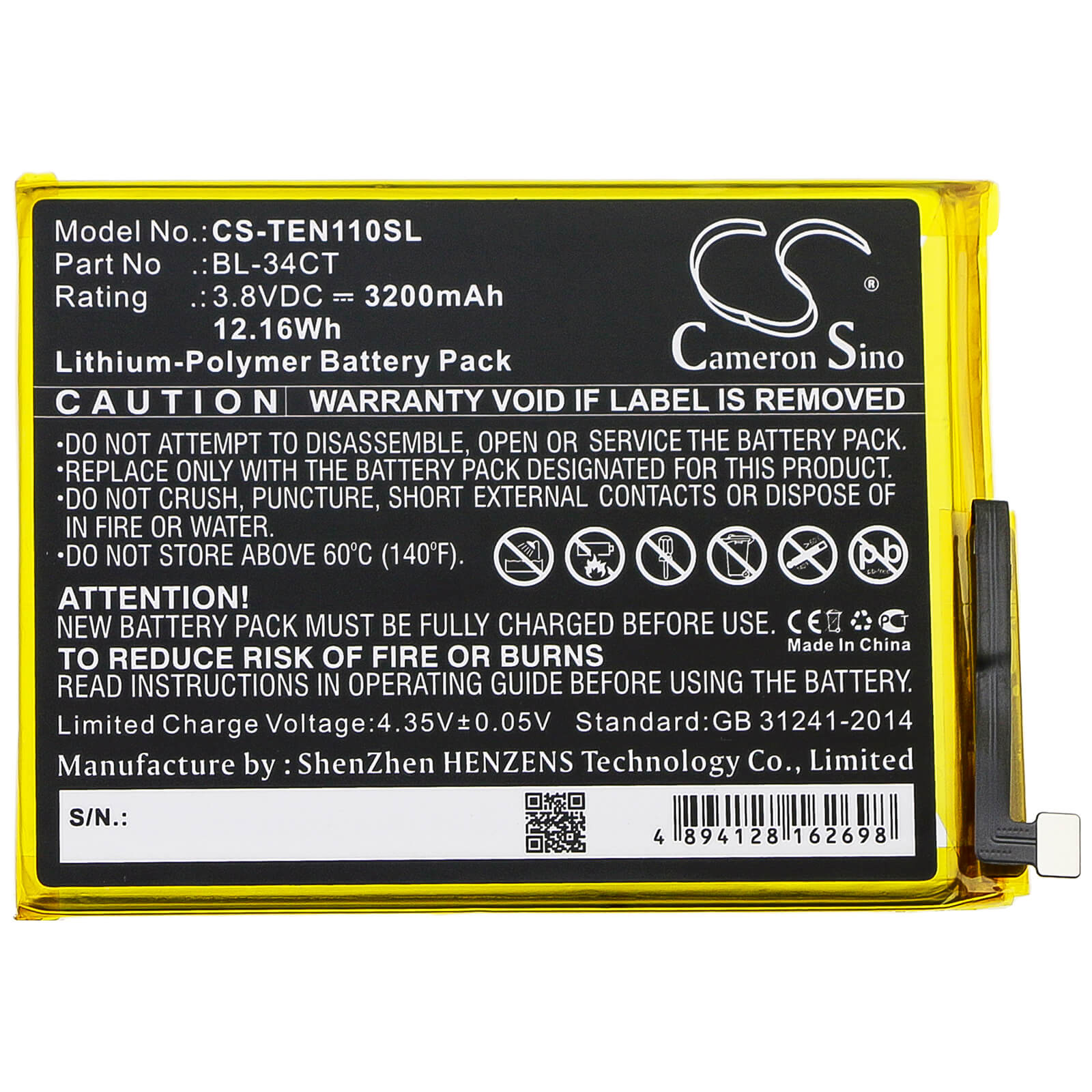 3.8V, 3200mAh, Li-Polymer Battery fits Tecno, Camon 11s, Camon I4, 12.16Wh