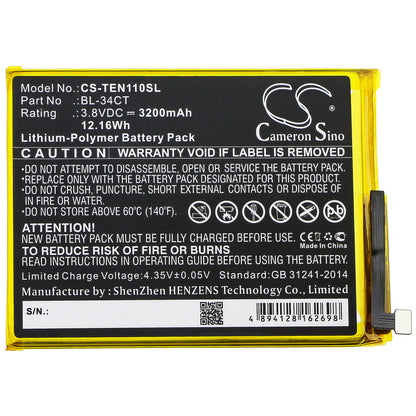 3.8V, 3200mAh, Li-Polymer Battery fits Tecno, Camon 11s, Camon I4, 12.16Wh