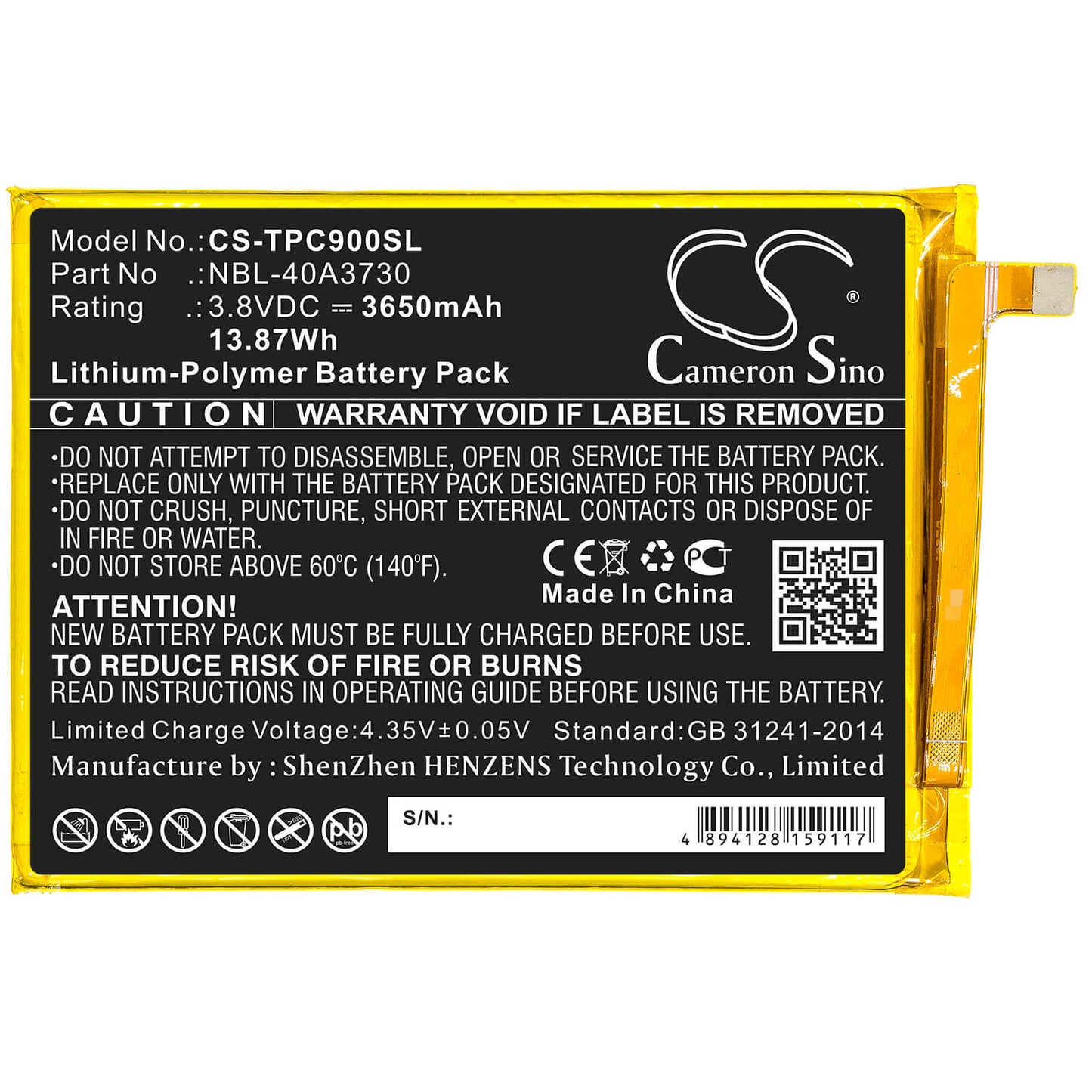 3.8V, 3650mAh, Li-Polymer Battery fits Tp-link, Neffos C9, Tp707a, 13.87Wh