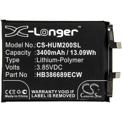 3.85V, 3400mAh, Li-Polymer Battery fits Huawei, Honor Magic 2, Tny-al00, 13.09Wh