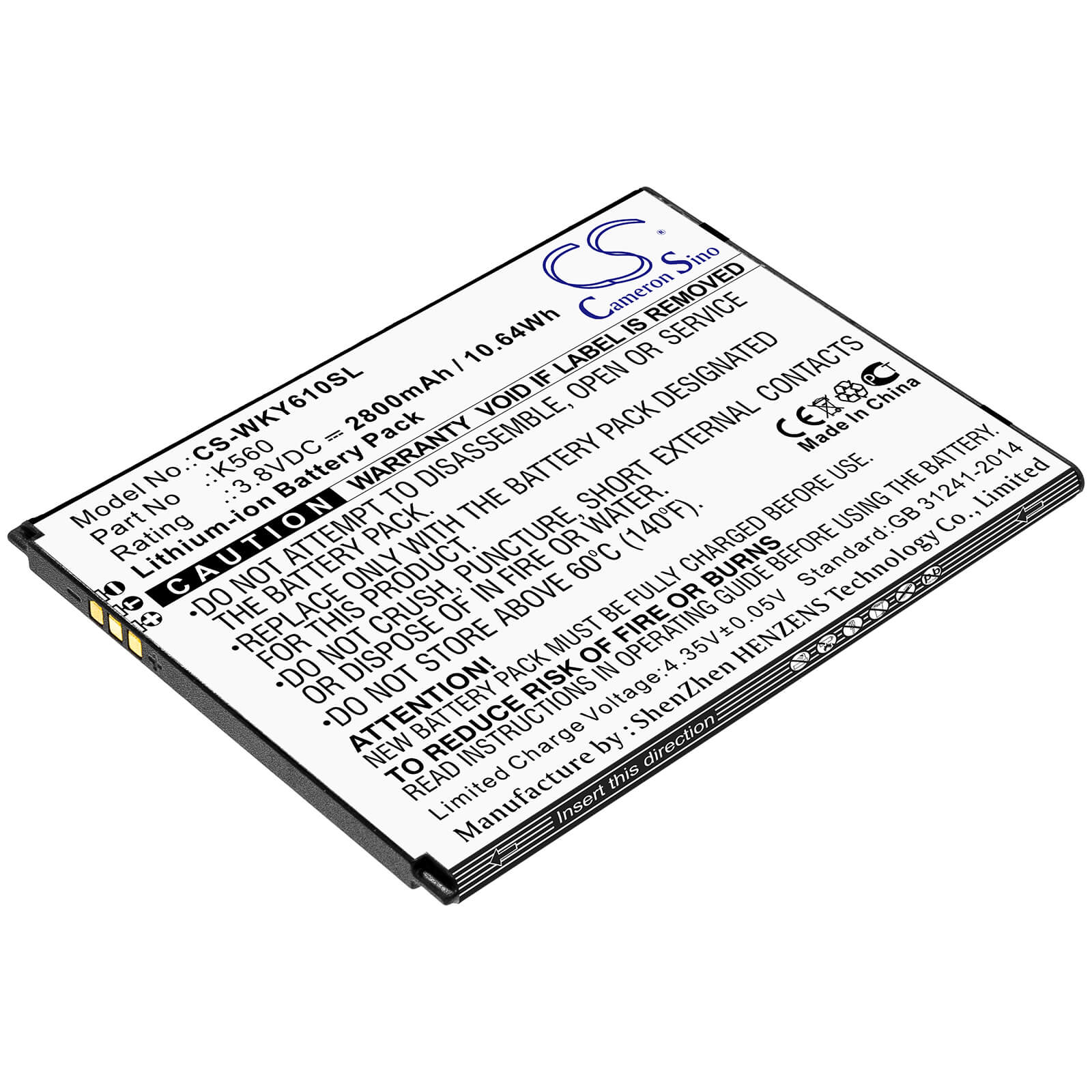 3.8V, 2800mAh, Li-ion Battery fits Wiko, W-k560, Y61, 10.64Wh