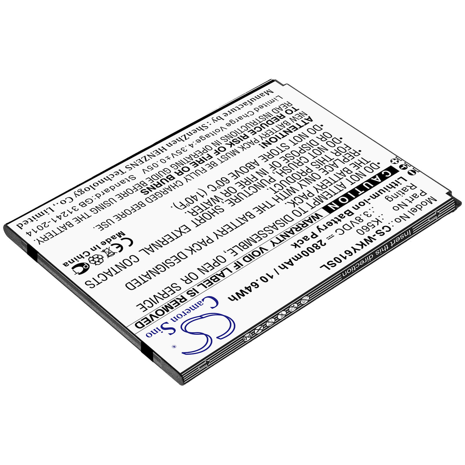 3.8V, 2800mAh, Li-ion Battery fits Wiko, W-k560, Y61, 10.64Wh