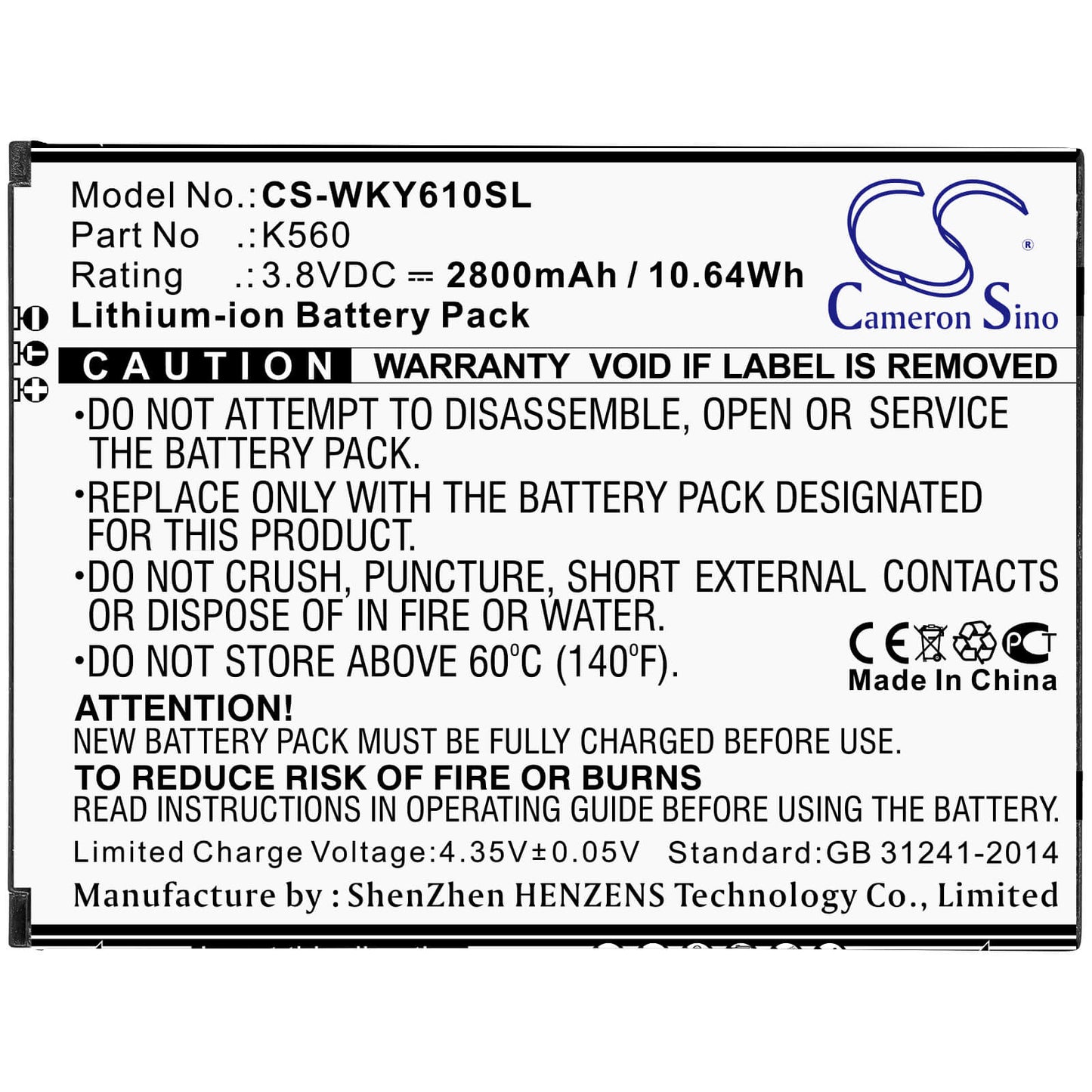 3.8V, 2800mAh, Li-ion Battery fits Wiko, W-k560, Y61, 10.64Wh