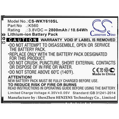3.8V, 2800mAh, Li-ion Battery fits Wiko, W-k560, Y61, 10.64Wh