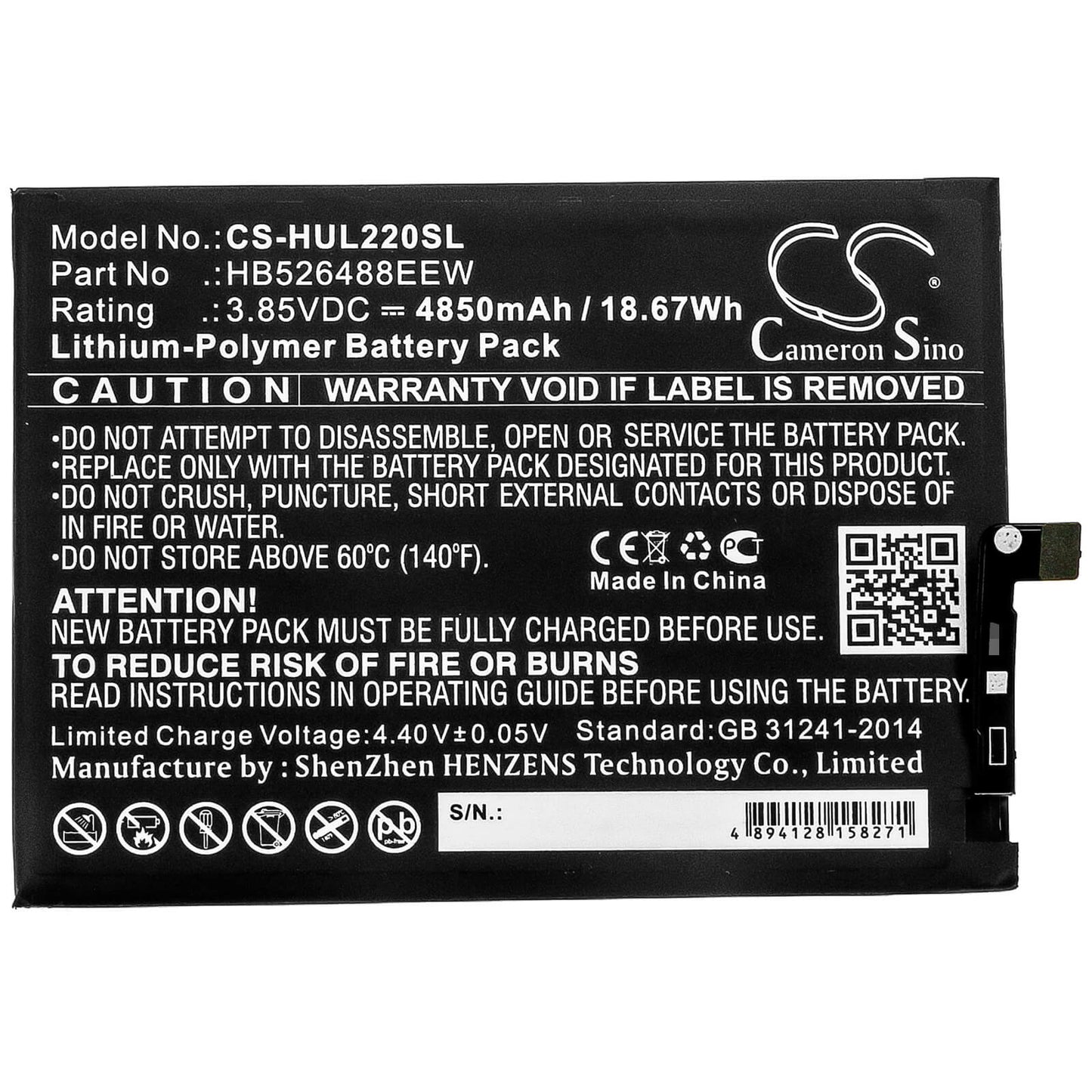 3.85V, 4850mAh, Li-Polymer Battery fits Huawei, Changxiang 20 Se, Dnn-l29, 18.6725Wh