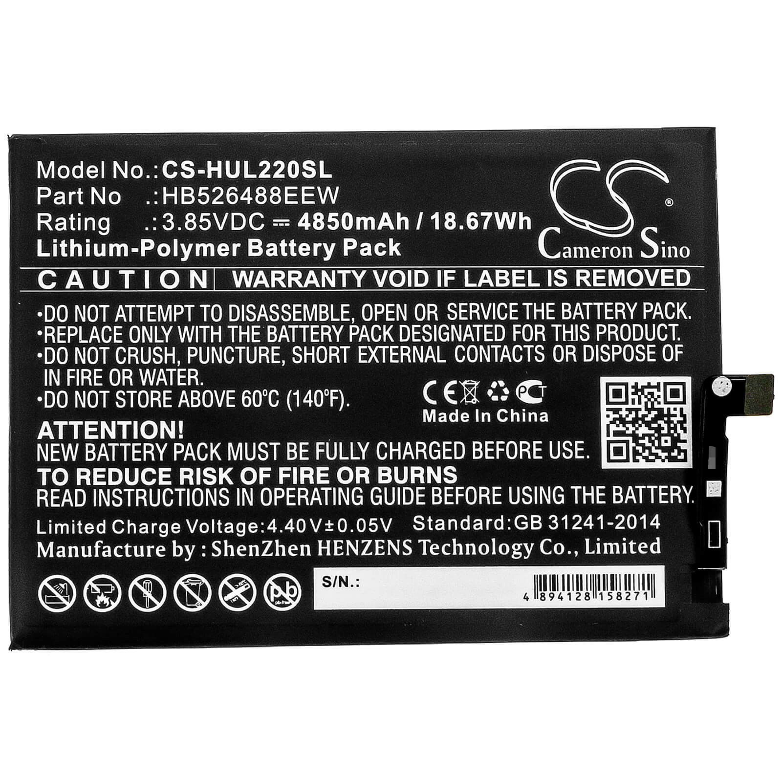 3.85V, 4850mAh, Li-Polymer Battery fits Huawei, Changxiang 20 Se, Dnn-l29, 18.6725Wh