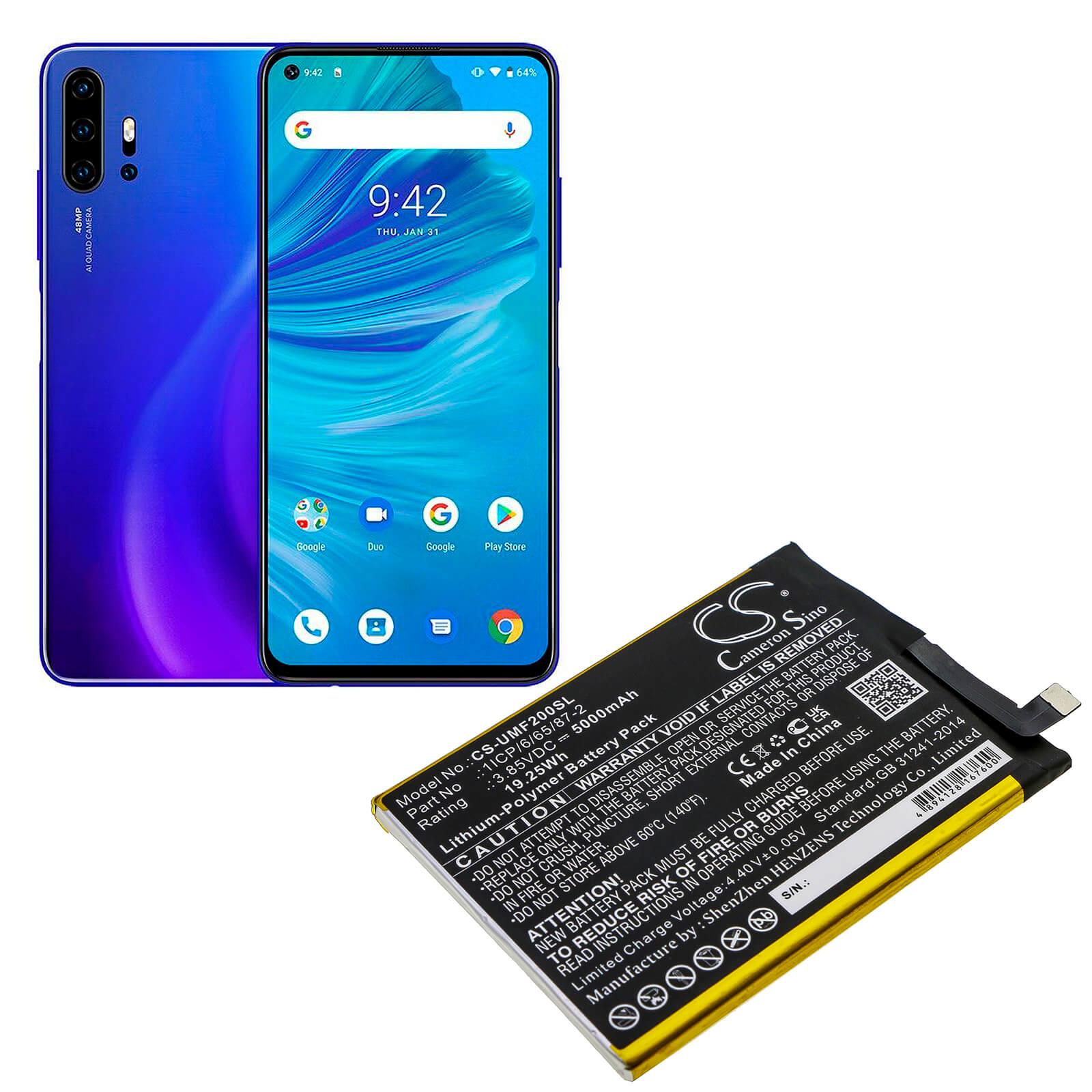 3.85V, 5000mAh, Li-Polymer Battery fits Umi, Umidigi F2, 19.25Wh