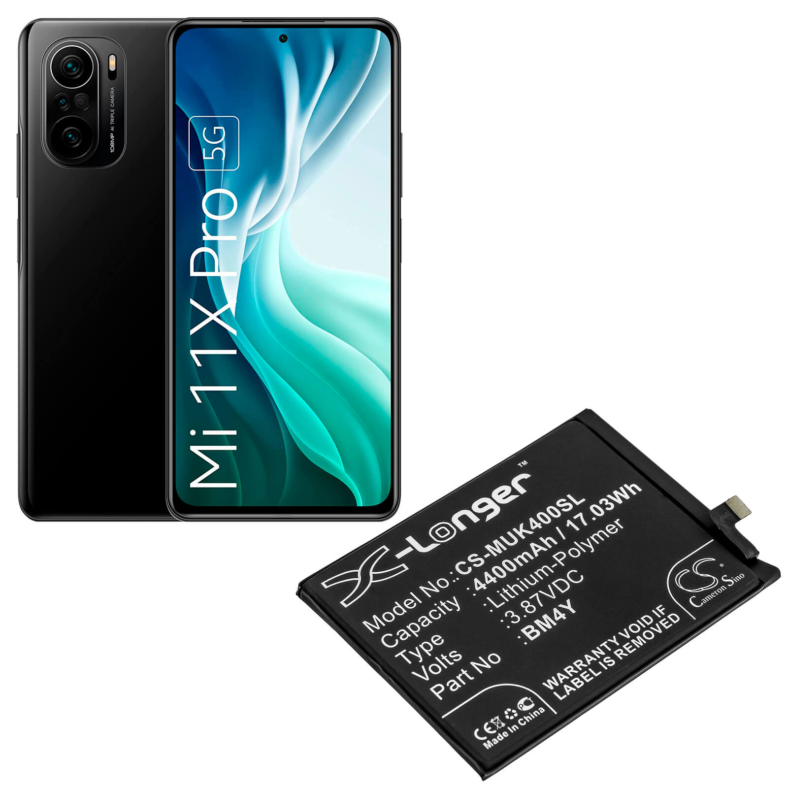 3.87V, 4400mAh, Li-Polymer Battery fits Redmi, K40 5g, K40 Pro 5g, 17.028Wh