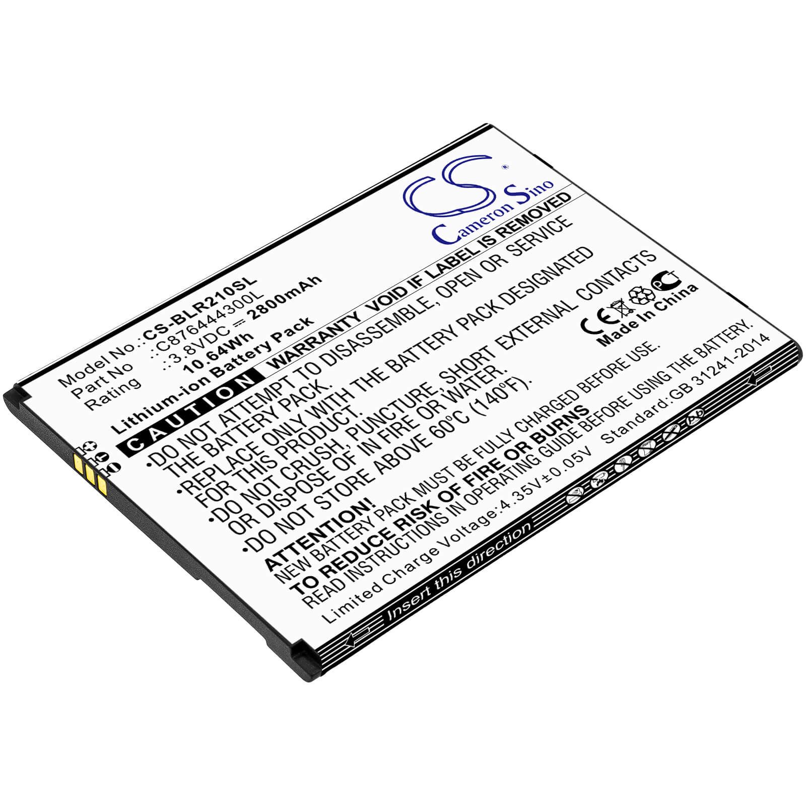 3.8V, 2800mAh, Li-ion Battery fits Blu, R2 Plus, R210ww, 10.64Wh