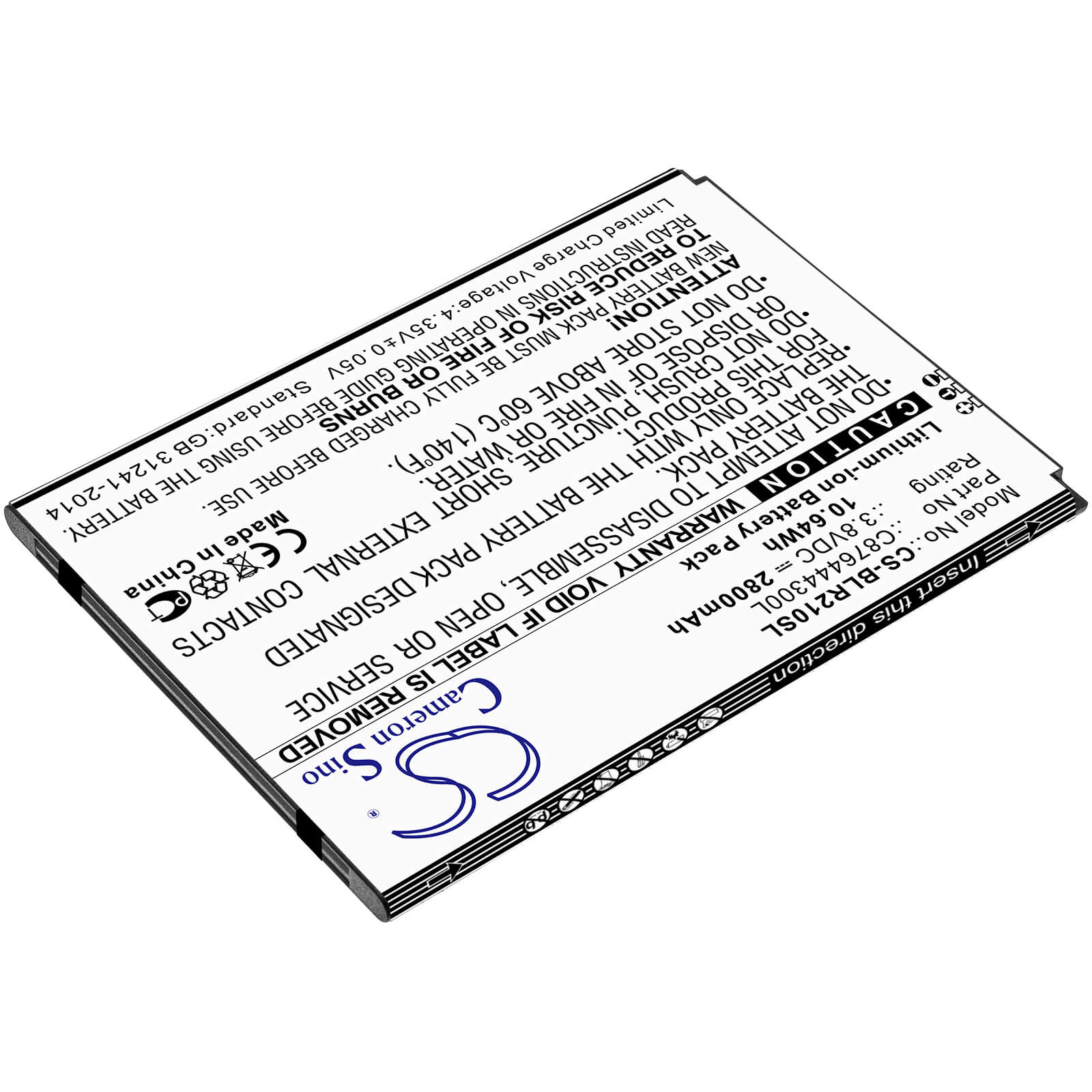3.8V, 2800mAh, Li-ion Battery fits Blu, R2 Plus, R210ww, 10.64Wh