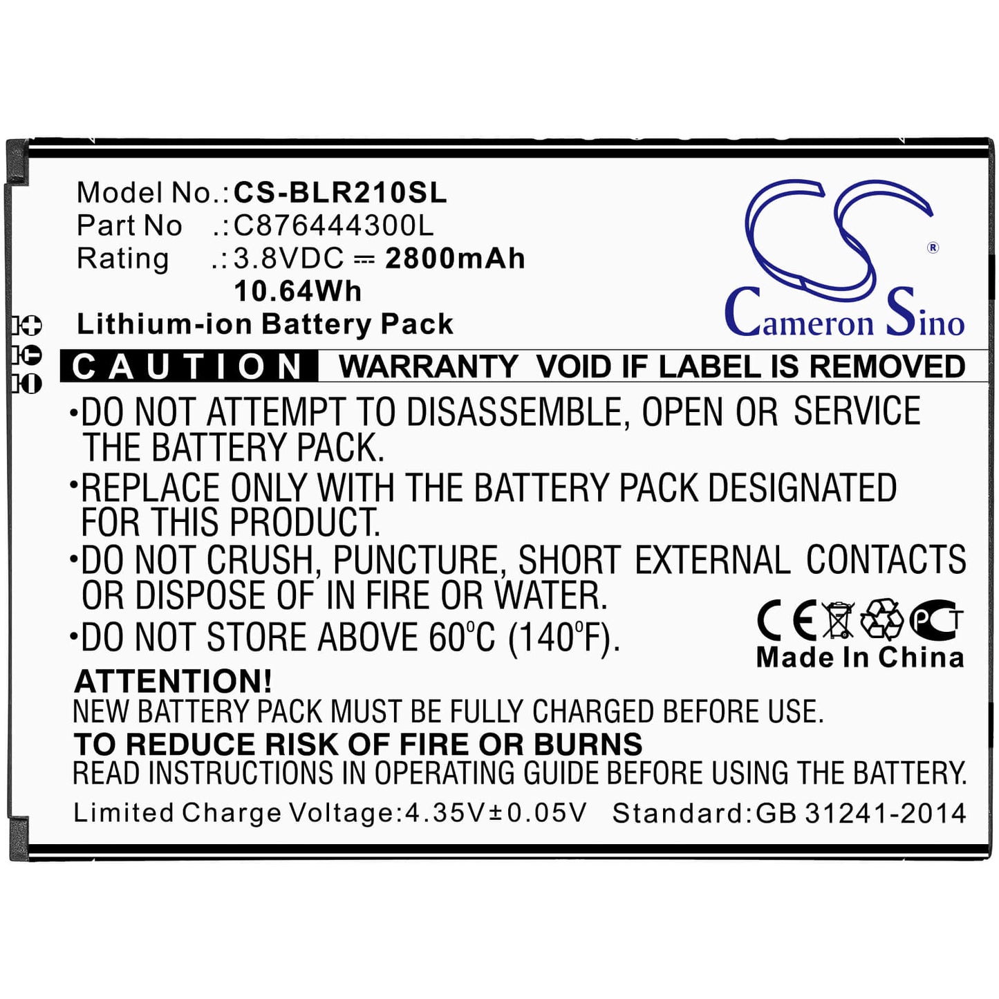 3.8V, 2800mAh, Li-ion Battery fits Blu, R2 Plus, R210ww, 10.64Wh