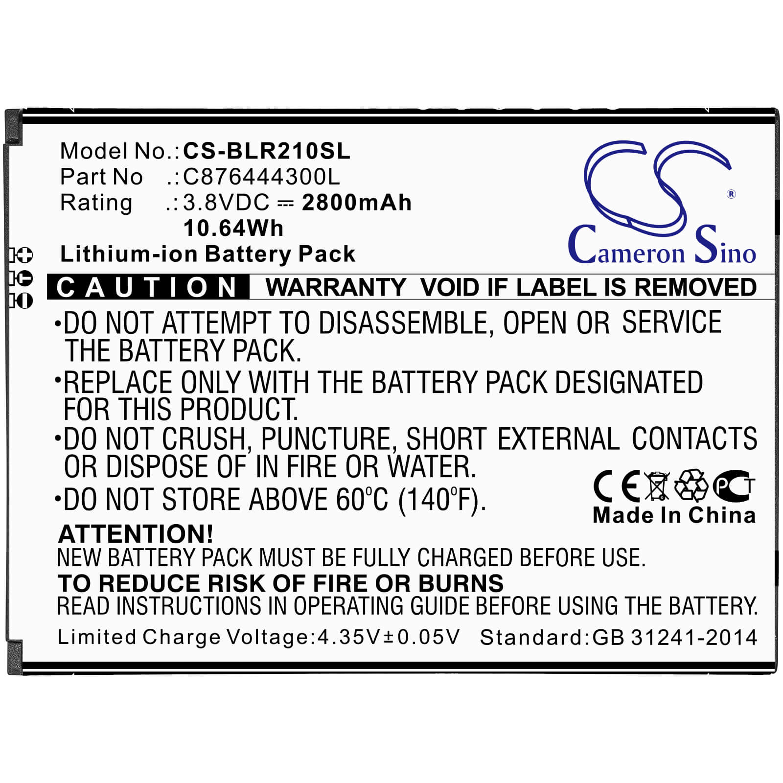 3.8V, 2800mAh, Li-ion Battery fits Blu, R2 Plus, R210ww, 10.64Wh