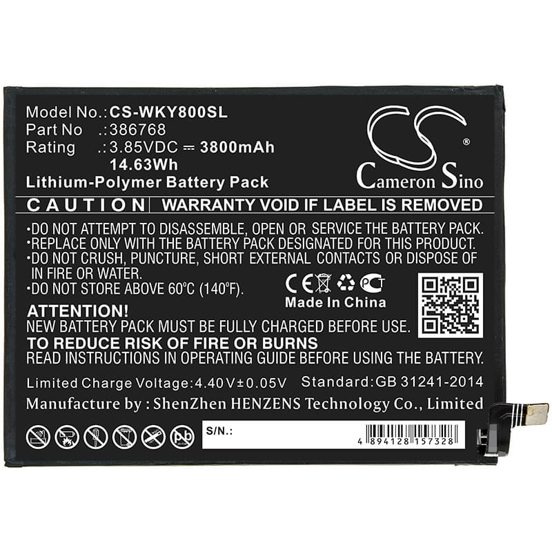 3.85V, 3800mAh, Li-Polymer Battery fits Wiko, W-v720, Y80, 14.63Wh