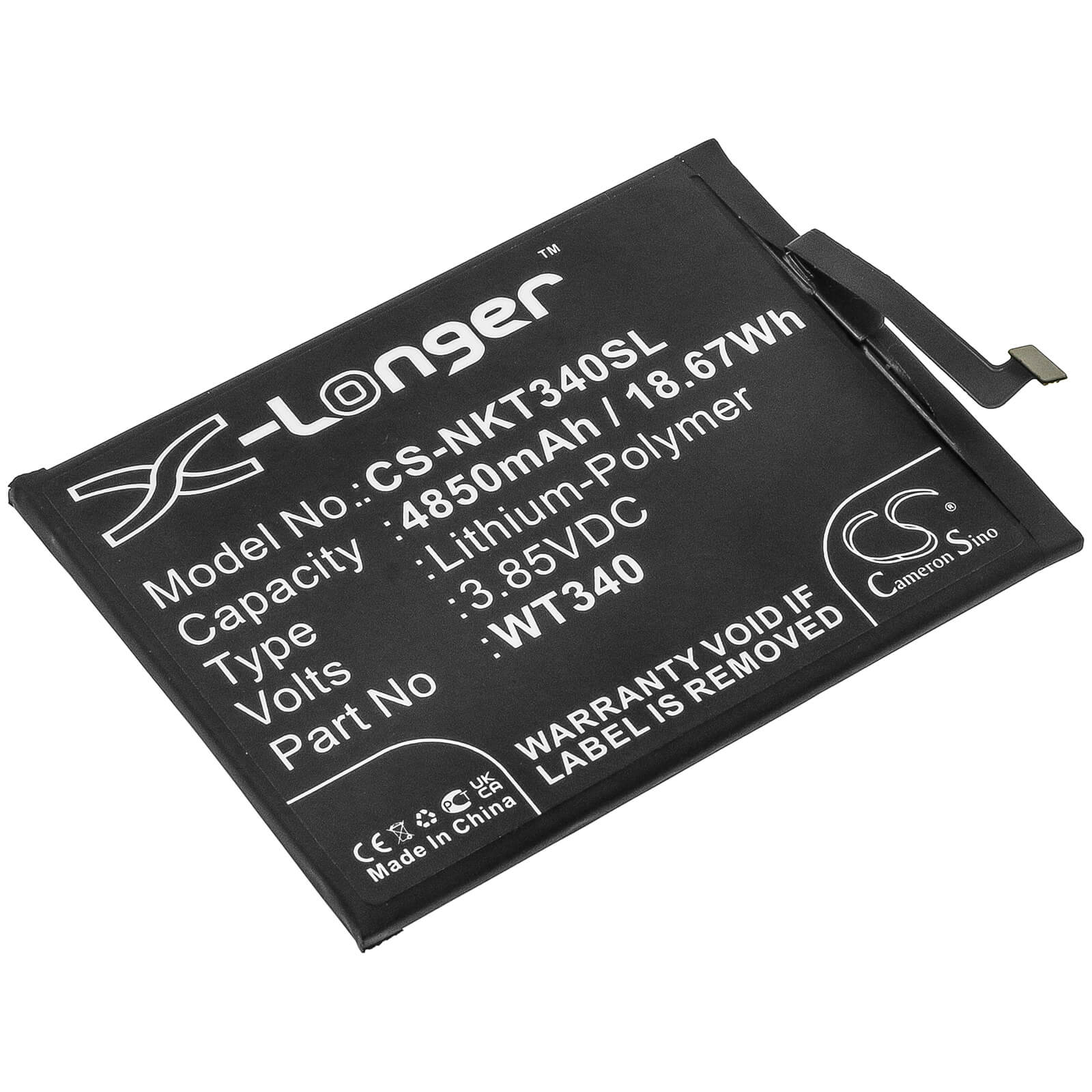 3.85V, 4850mAh, Li-Polymer Battery fits Nokia, Cn110, G10, 18.6725Wh