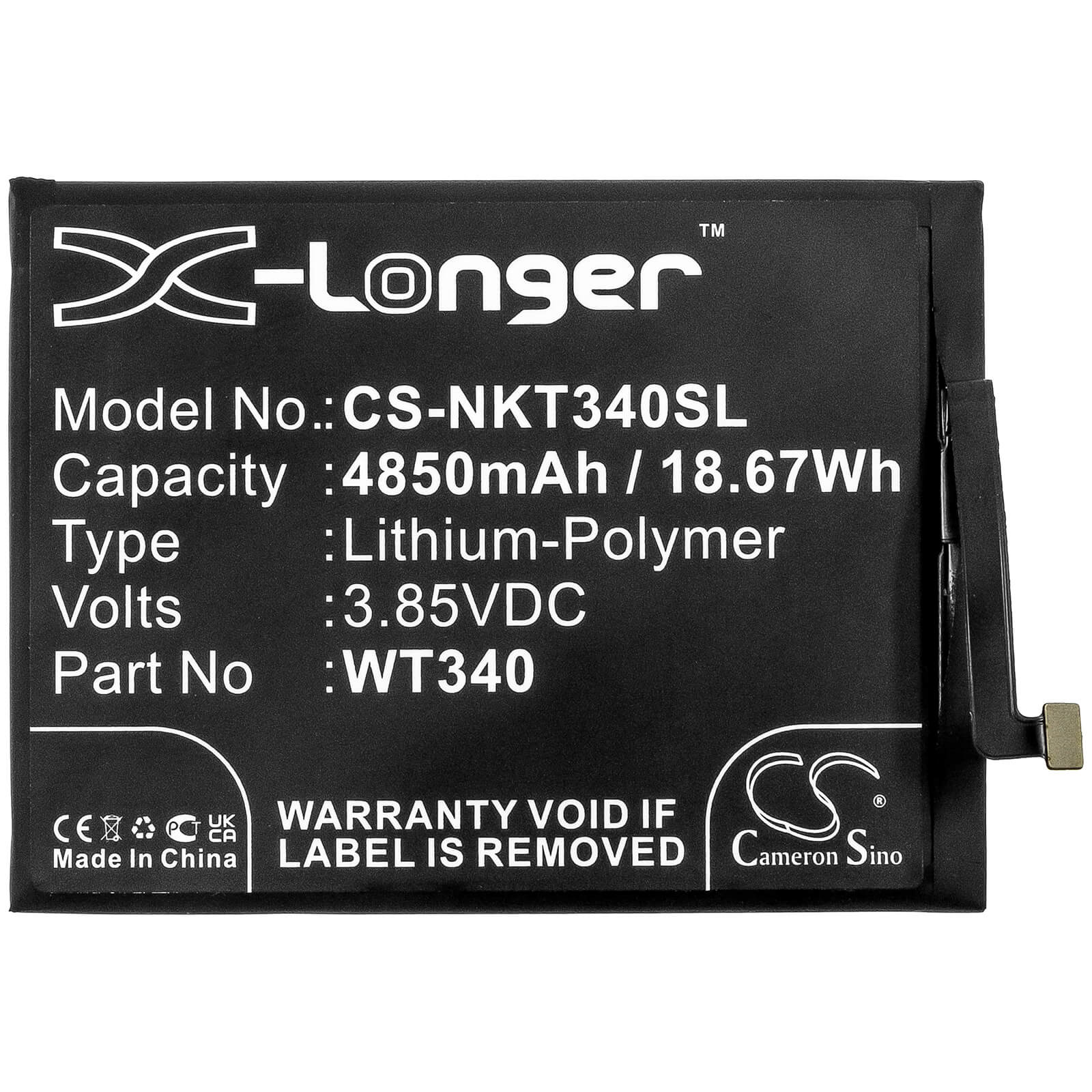 3.85V, 4850mAh, Li-Polymer Battery fits Nokia, Cn110, G10, 18.6725Wh