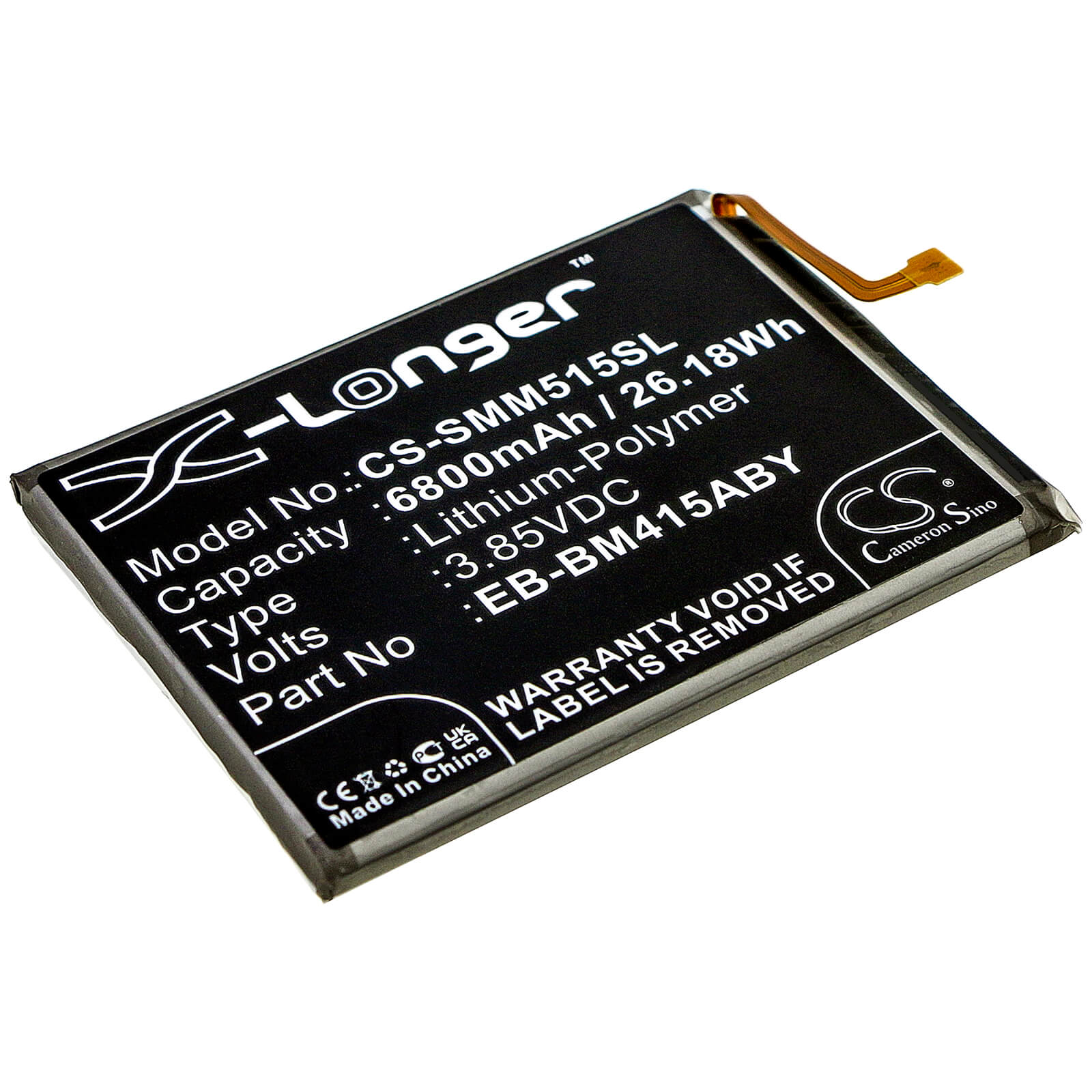 3.85V, 6800mAh, Li-Polymer Battery fits Samsung, Galaxy M51, Sm-m515, 26.18Wh