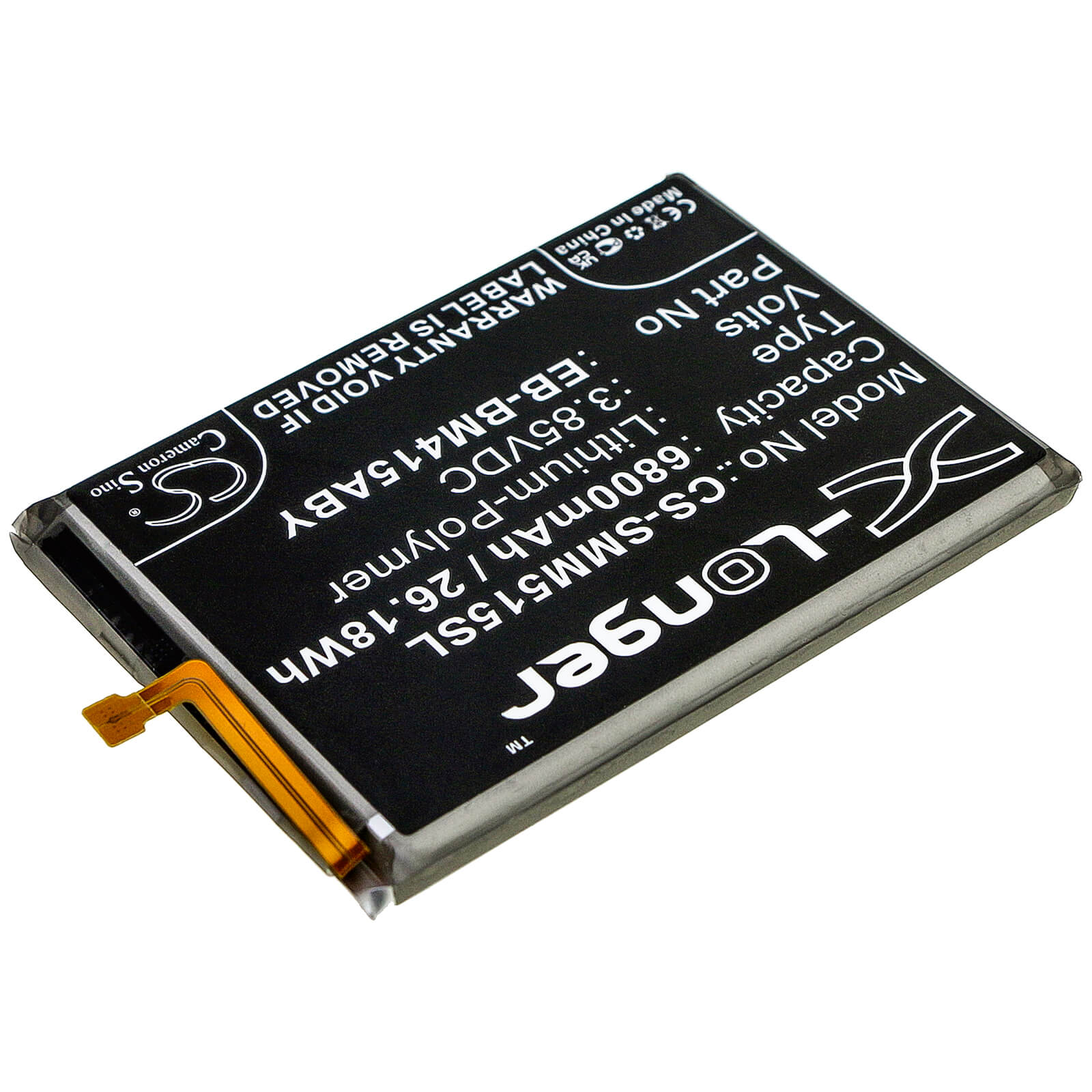3.85V, 6800mAh, Li-Polymer Battery fits Samsung, Galaxy M51, Sm-m515, 26.18Wh