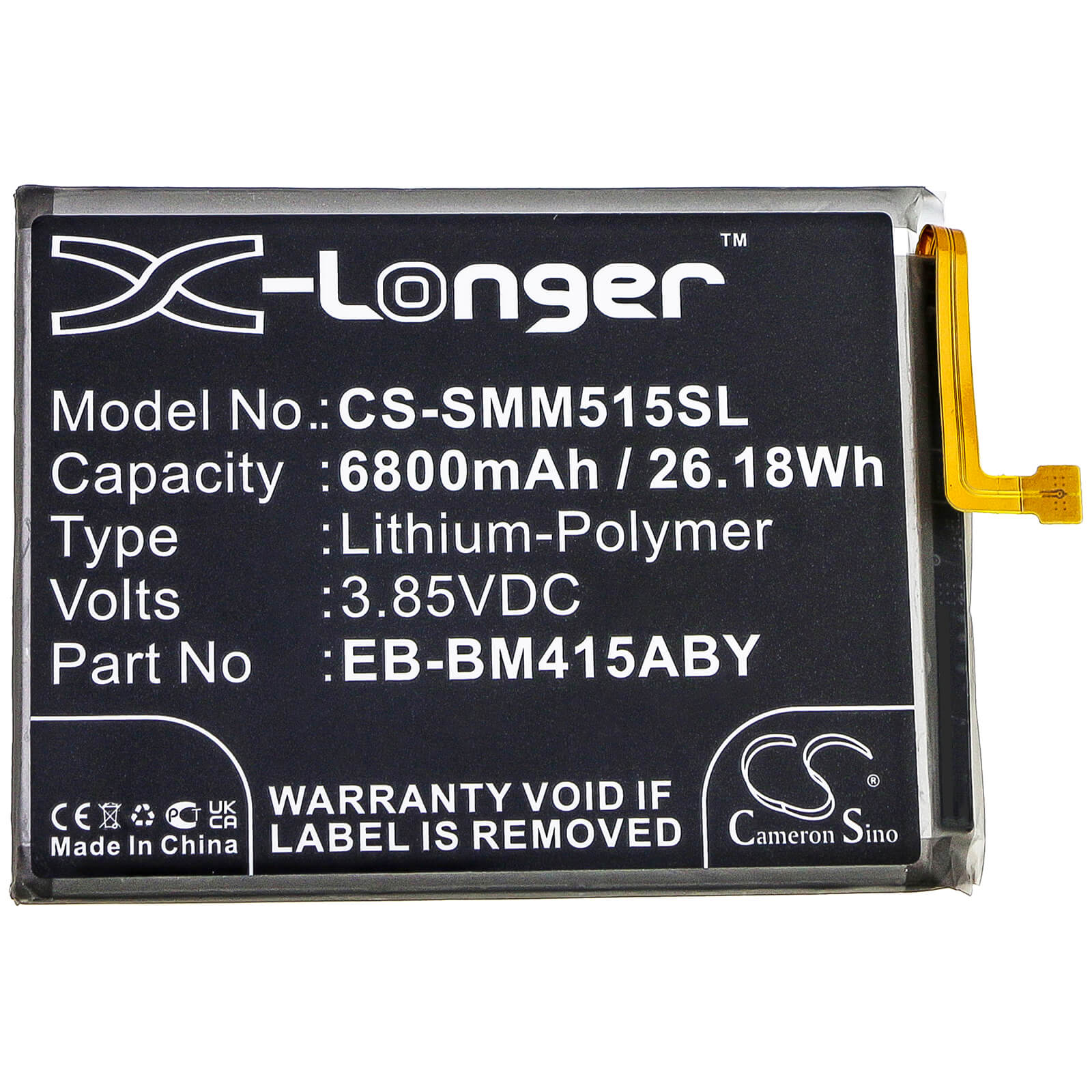 3.85V, 6800mAh, Li-Polymer Battery fits Samsung, Galaxy M51, Sm-m515, 26.18Wh