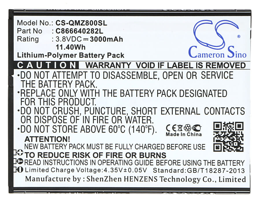3.8V, 3000mAh, Li-Polymer Battery fits Qmobile, Z8 Plus, 11.4Wh
