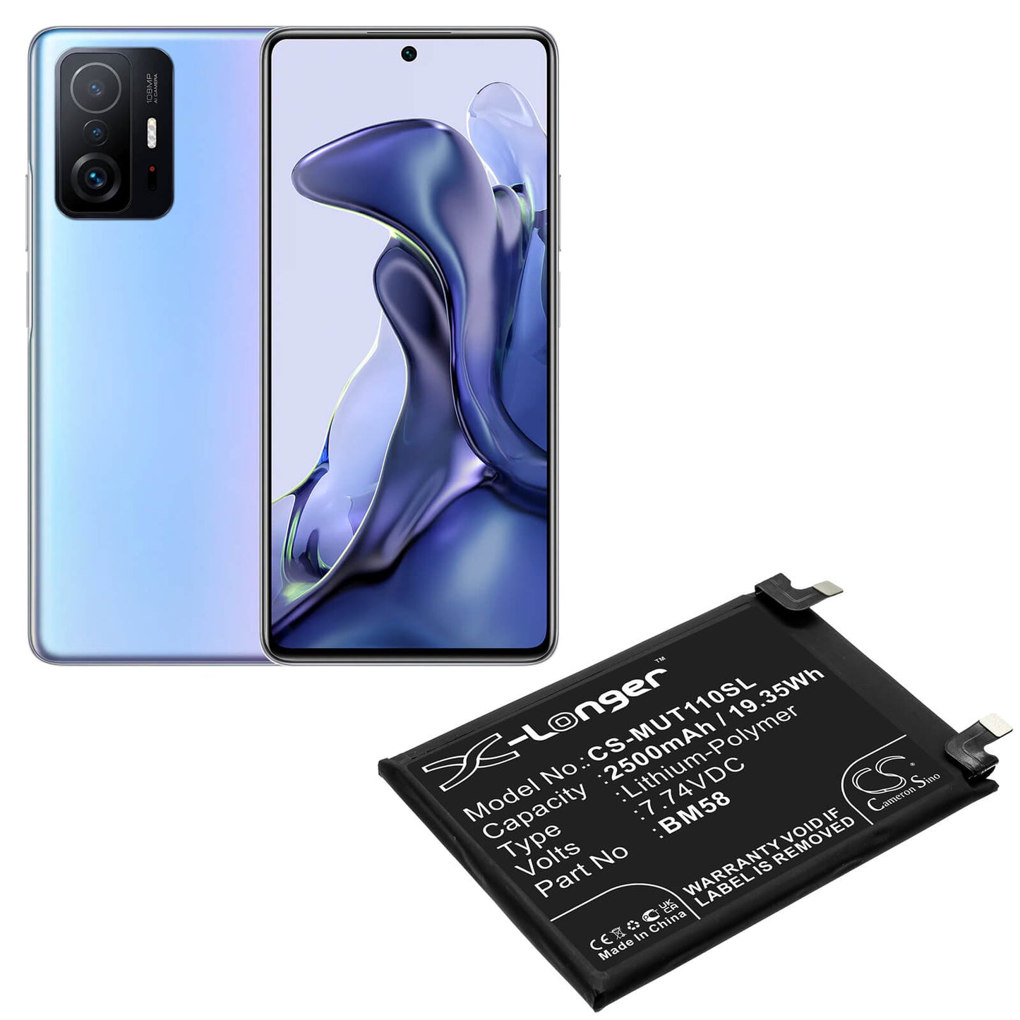 7.74V, 2500mAh, Li-Polymer Battery fits Xiaomi, 2107113sg, Mi 11t Pro 5g, 19.35Wh