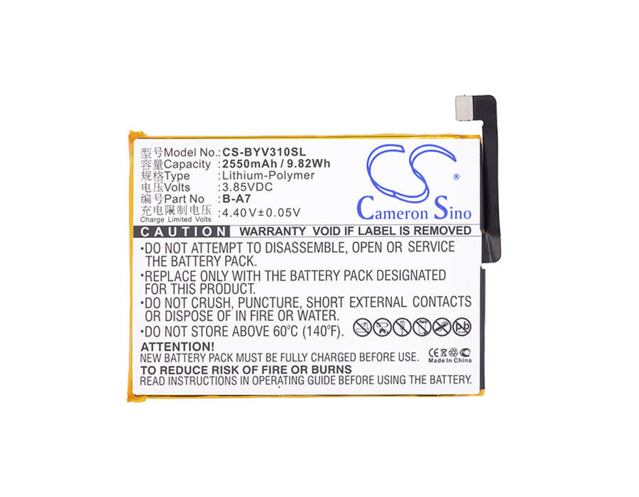 3.85V, 2550mAh, Li-Polymer Battery fits Bbk, Vivo V3 A, Vivo V3m A, 9.8175Wh