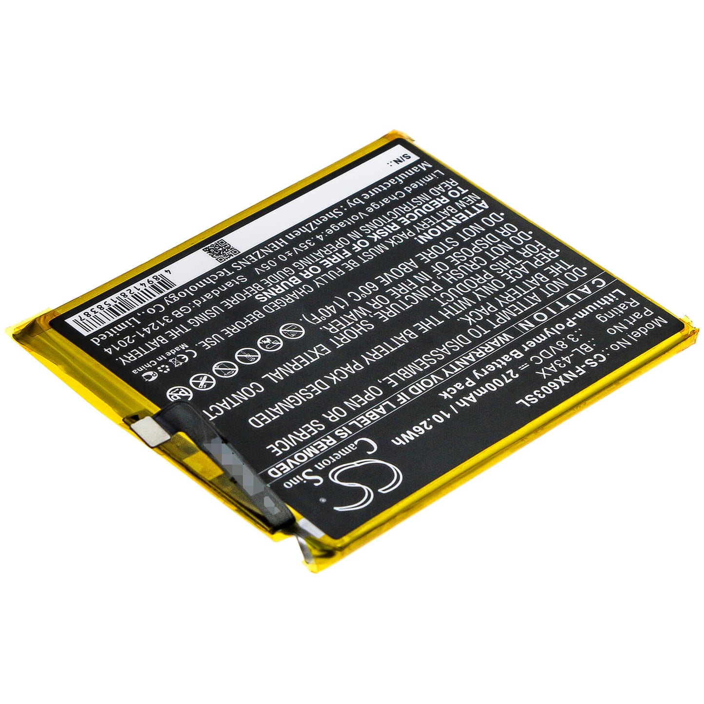 3.8V, 2700mAh, Li-Polymer Battery fits Infinix, X603, Zero 5, 10.26Wh