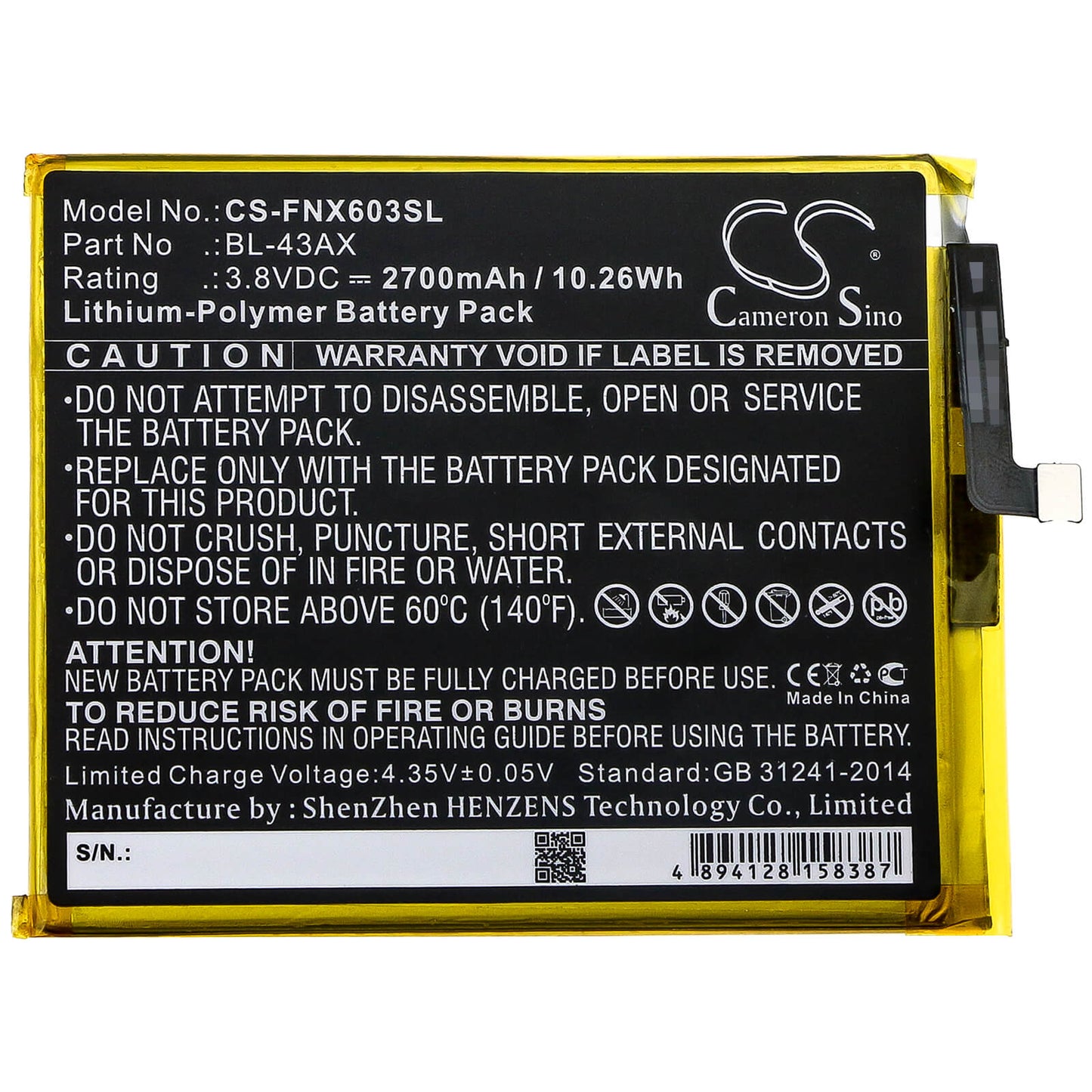 3.8V, 2700mAh, Li-Polymer Battery fits Infinix, X603, Zero 5, 10.26Wh