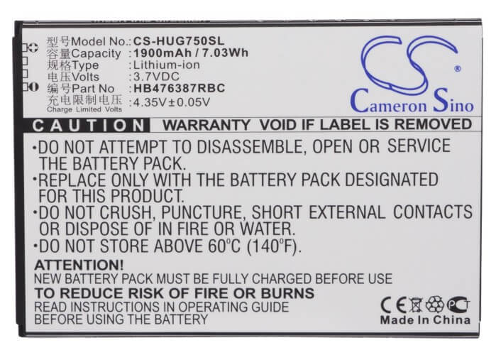 3.7V, 1900mAh, Li-ion Battery fits Huawei, Ascend G750, Ascend G750-t00, 7.03Wh