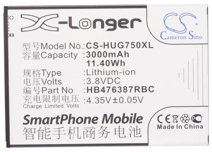 3.8V, 3000mAh, Li-ion Battery fits Huawei, Ascend G750, Ascend G750-t00, 11.4Wh