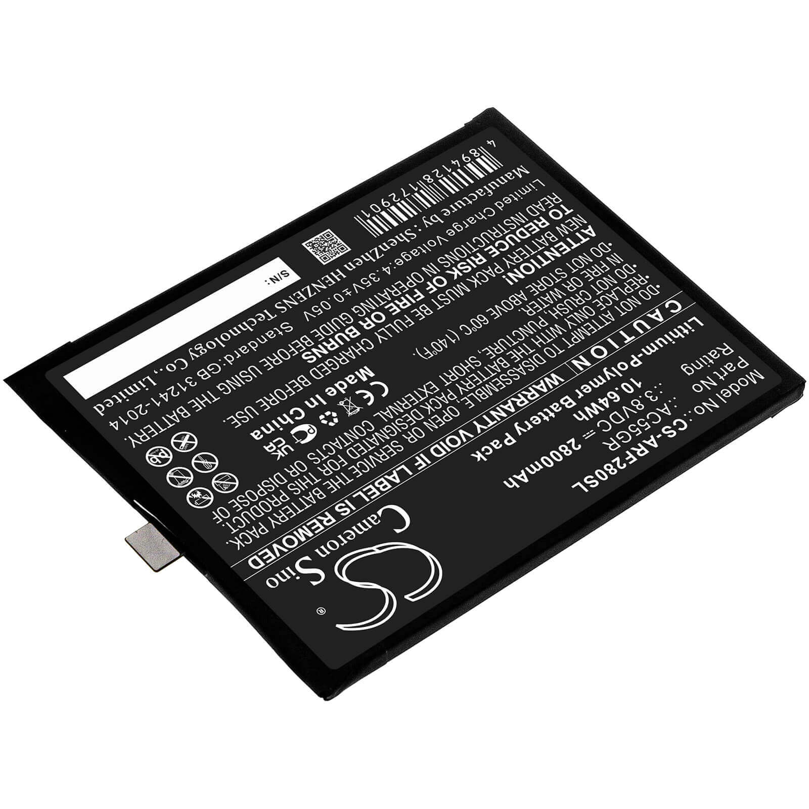 3.8V, 2800mAh, Li-Polymer Battery fits Archos, 5.5 Hero V3, Bsf28, 10.64Wh