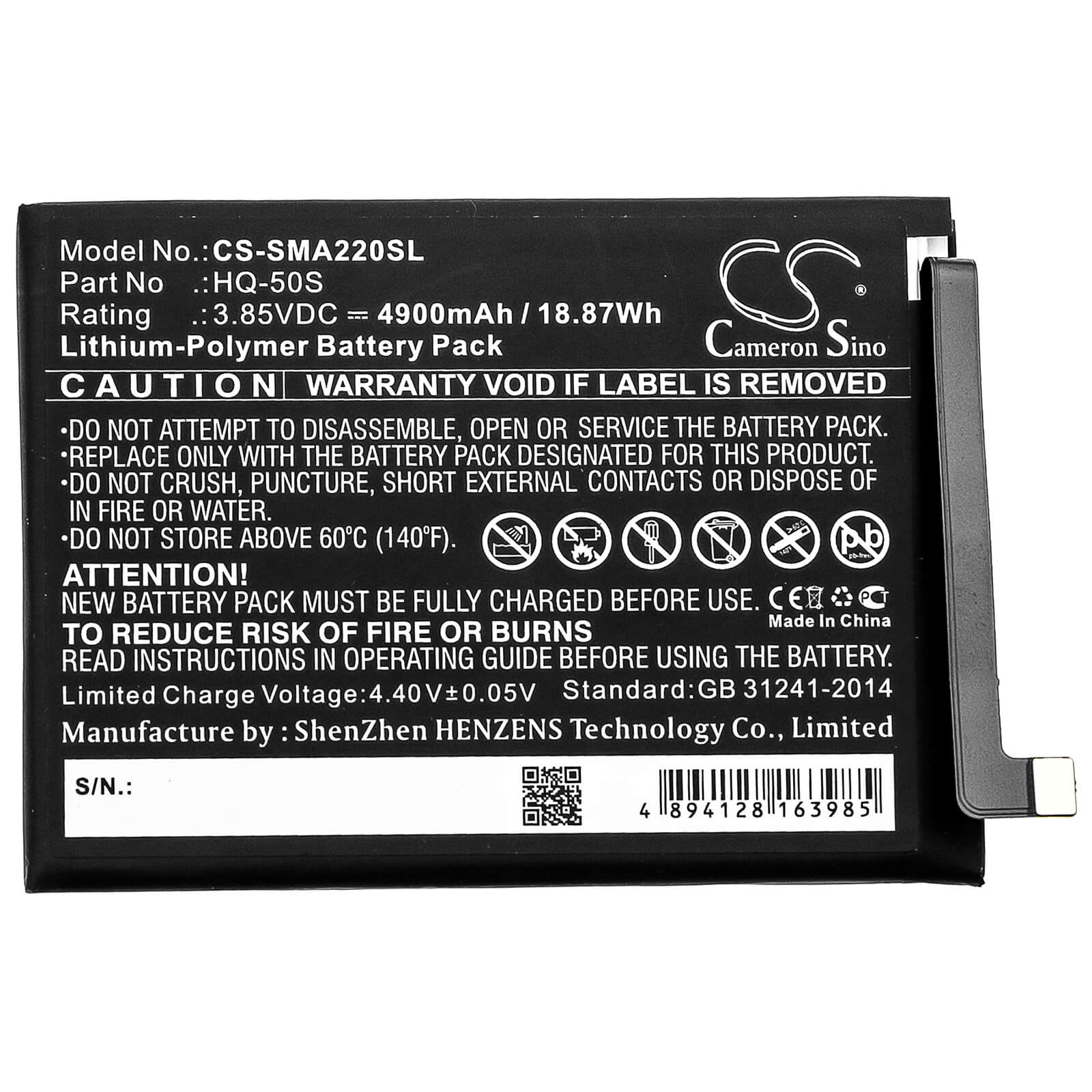 3.85V, 4900mAh, Li-Polymer Battery fits Samsung, Galaxy A02, Galaxy A02 2021, 18.865Wh