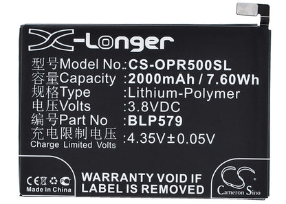 3.8V, 2000mAh, Li-Polymer Battery fits Oppo, R5, R8107, 7.6Wh