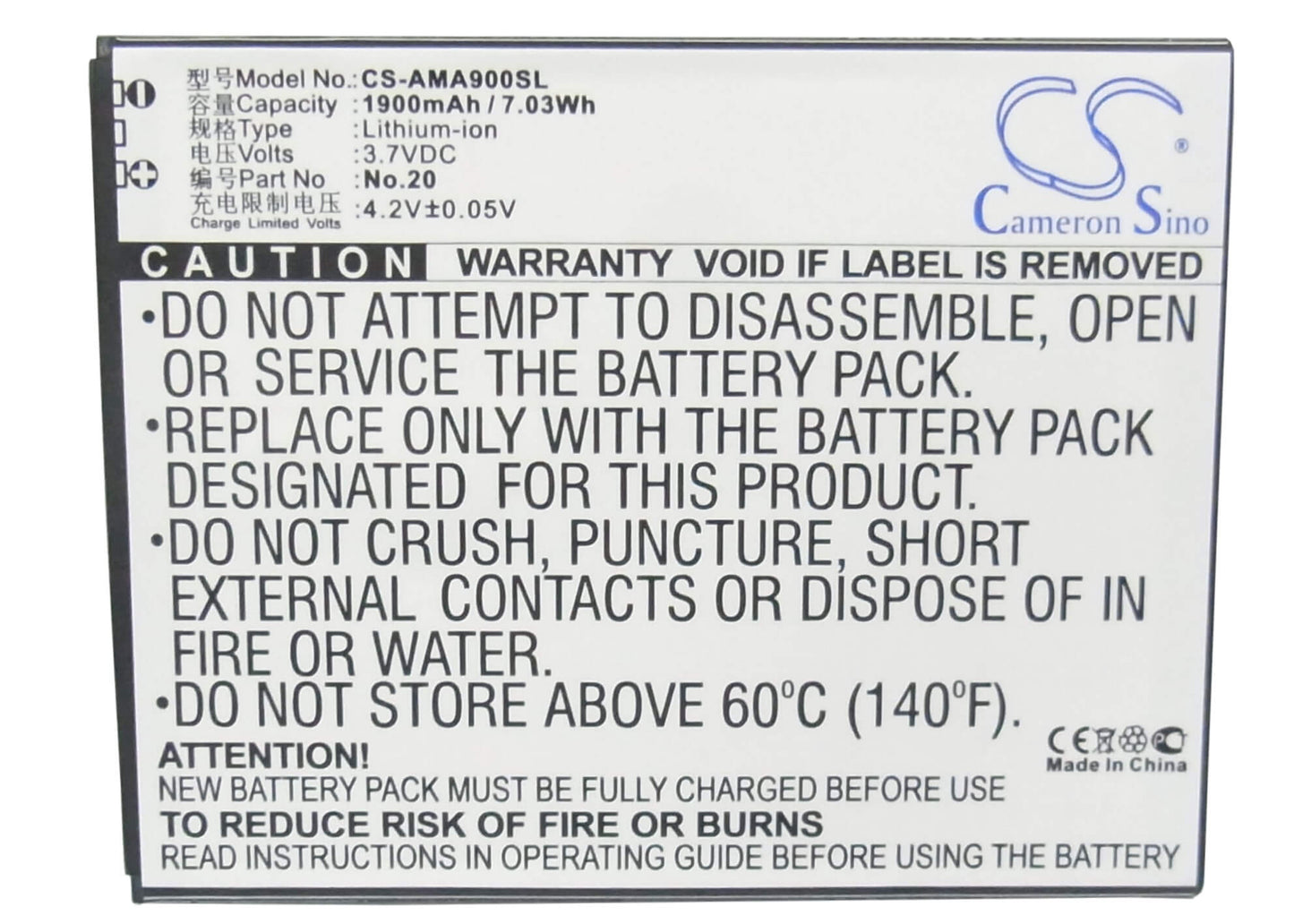 3.7V, 1900mAh, Li-ion Battery fits Amoi, 862w, A900t, 7.03Wh