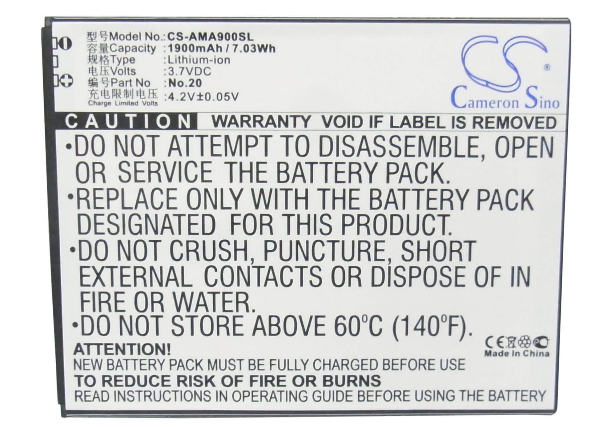 3.7V, 1900mAh, Li-ion Battery fits Amoi, 862w, A900t, 7.03Wh
