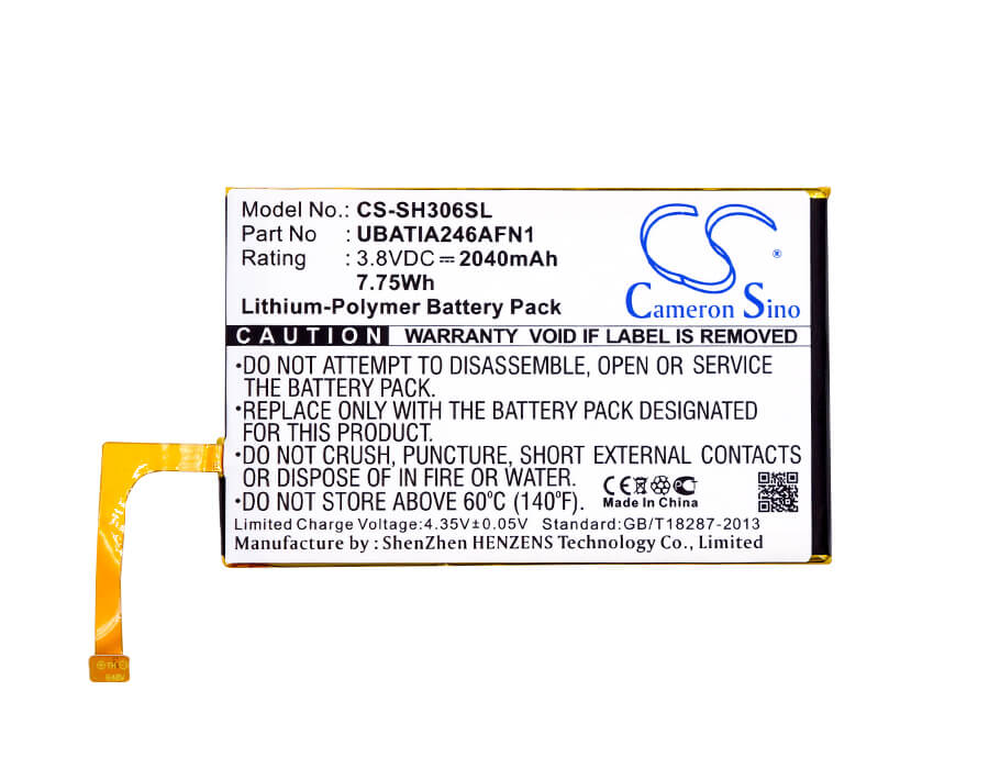 3.8V, 2040mAh, Li-Polymer Battery fits Sharp, 306sh, Aquos Crystal, 7.752Wh