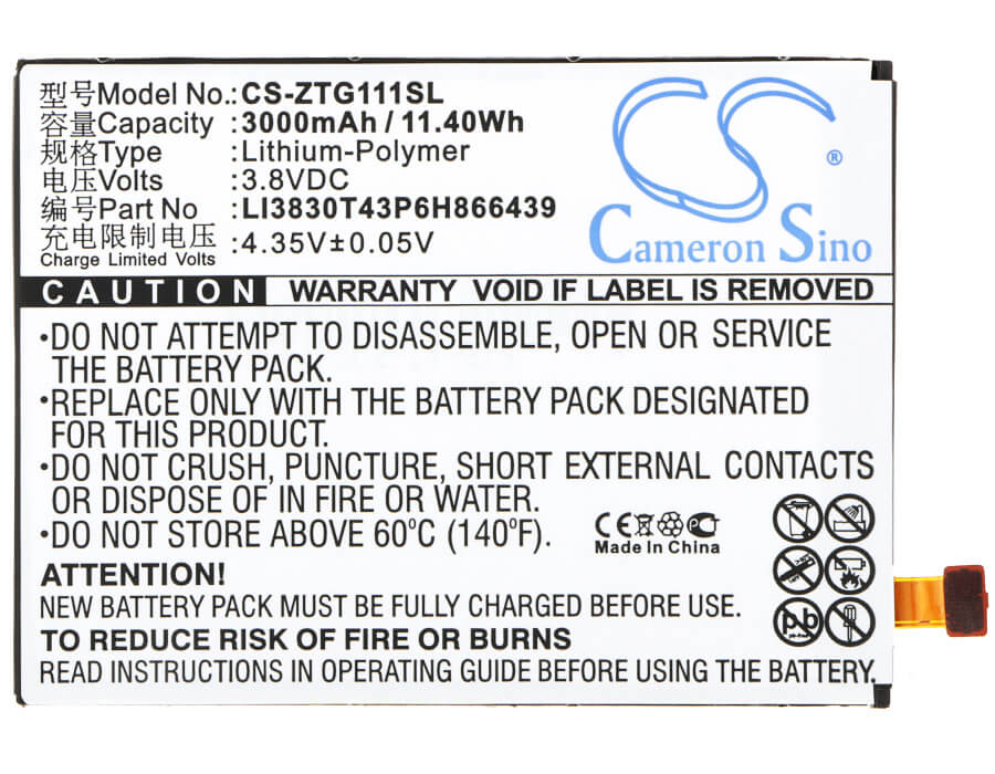 3.8V, 3000mAh, Li-Polymer Battery fits Zte, G111, N9518, 11.4Wh