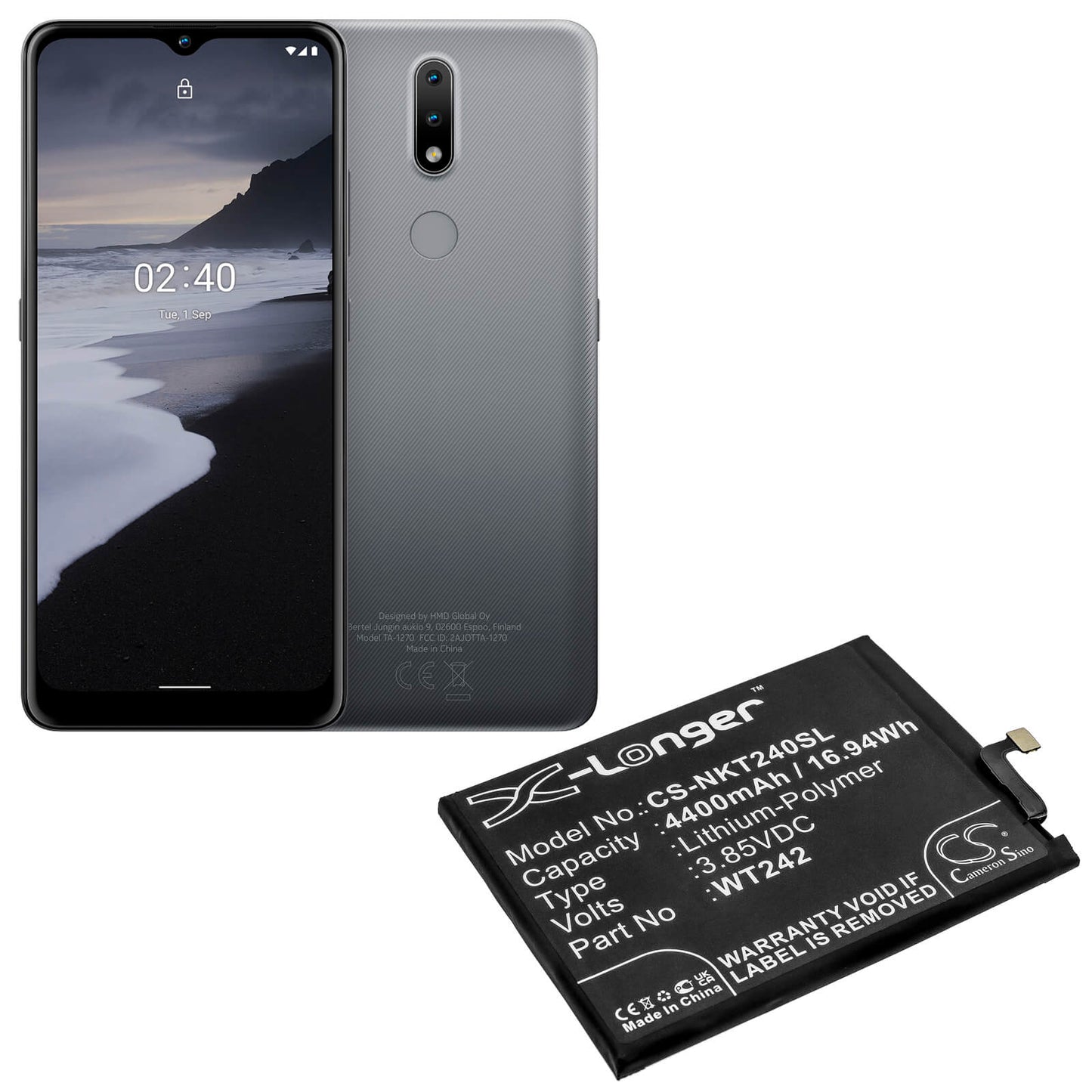 3.85V, 4400mAh, Li-Polymer Battery fits Nokia, Nokia 2.4, Ta-1270, 16.94Wh